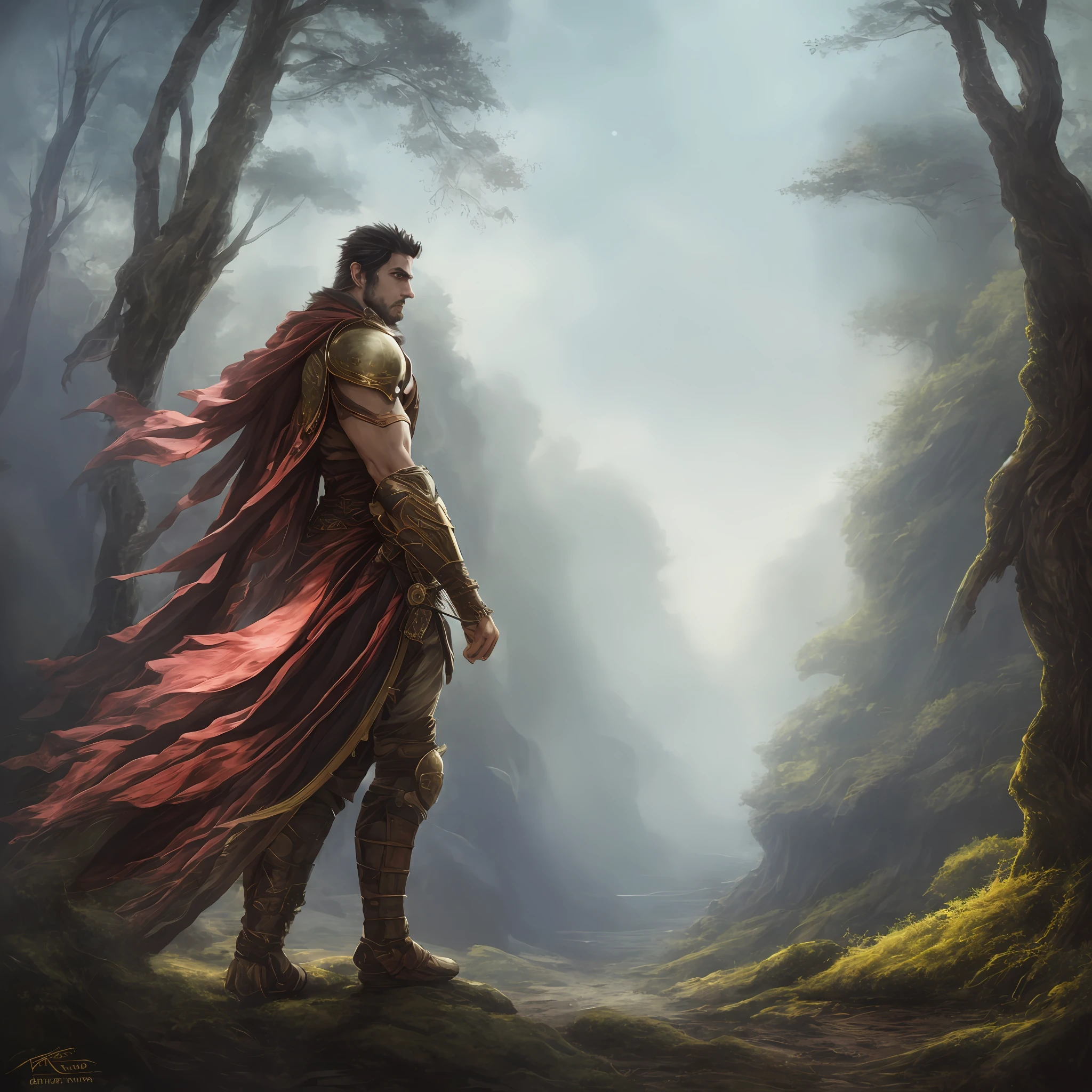 In the woods stood a man with a sword, fantasy genre portrait, silvain sarrailh, graphic artist magali villeneuve, Epic fantasy art portrait, magali villeneuve', inspired by Magali Villeneuve, Epic fantasy digital art style, fantasy concept art portrait, male elf ranger, tyler edlin fantasy art, portrait of an elven warrior，face，Grim，Immaculate，Sword eyebrows，Handsome，Good mood，（depth of fields），