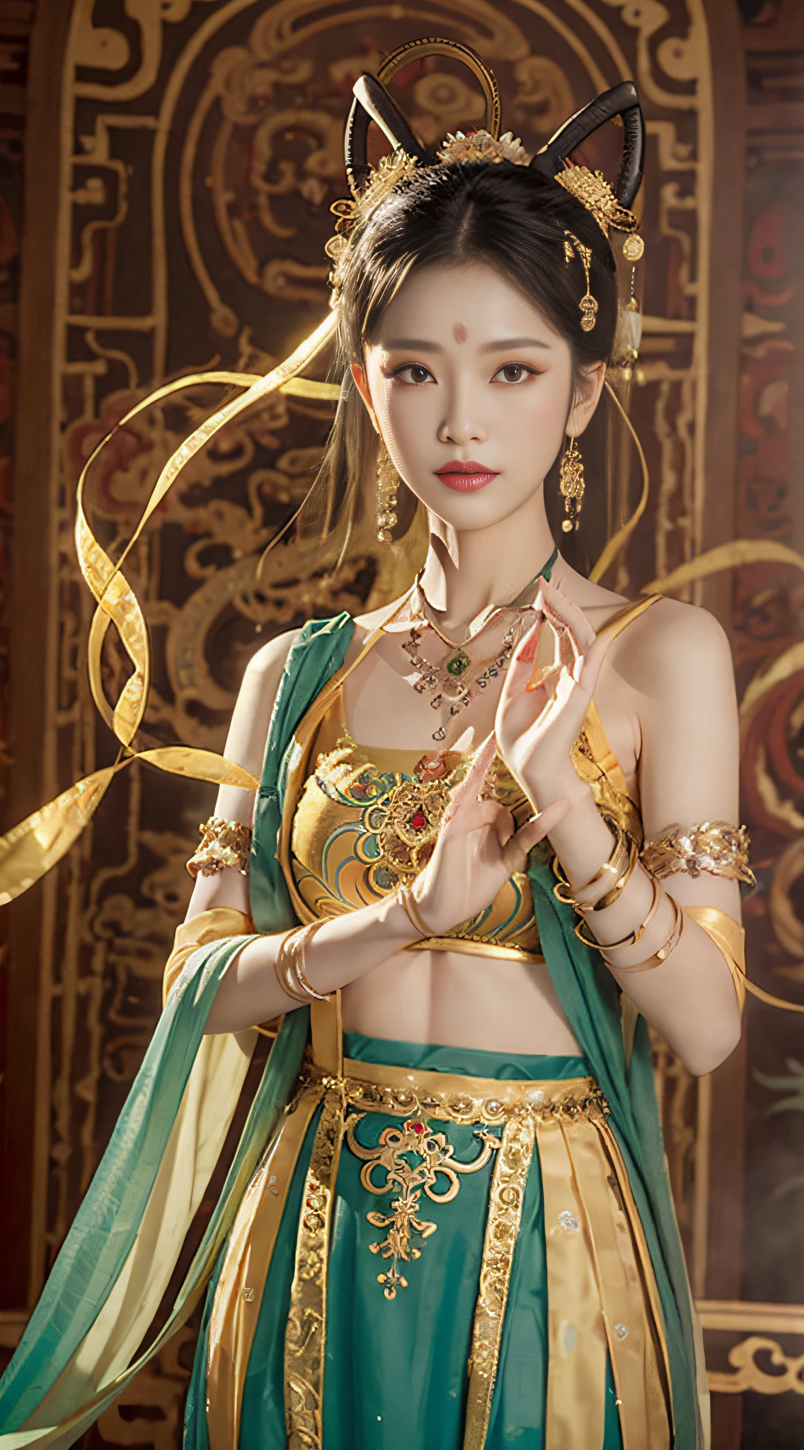 tmasterpiece, Traditional chinese painting, 1个Giant Breast Girl, False lashes,Gold jewelry,long whitr hair, looking at viewert,dances,Perfect facial features,Normal hands,5 fingers, Titillating, O spirit, drak, dunhuang_style, dunhuang_cloths, UHD Dragon Horn, The dragon is flying, 4k, Best quality at best, super detailing, stage lighting,smog,Award-Awarded, high qulity,Best quality at best，high detal
