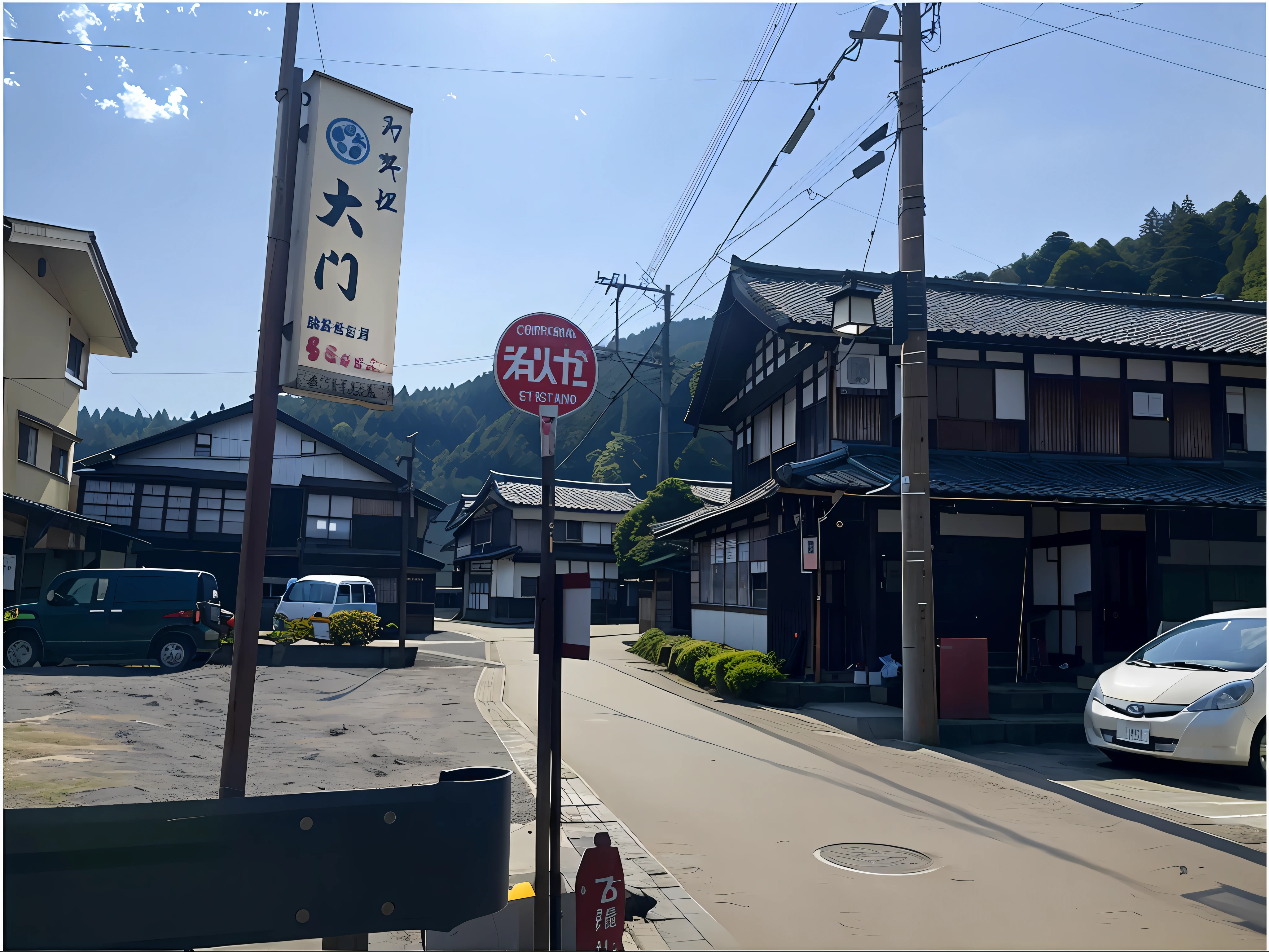 There is a stop sign on the corner of the street, japanese rural town, japanese town, Town, japense village in background, japanese village, taken with sigma 2 0 mm f 1. 4, In Karuizawa, Surrounding small towns, rural japan, Edo period house in the background, japan rural travel, 2 4 mm iso 8 0 0