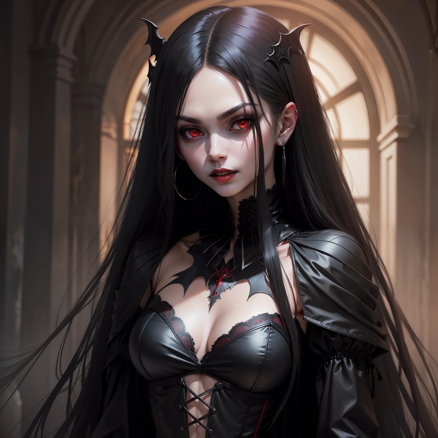 Vampire woman, Gothic attire, full body photo, high-quality, 170cm tall, black long hair, red eyeballs,4k,realisticlying,The skin texture is delicate,Gorgeous costumes