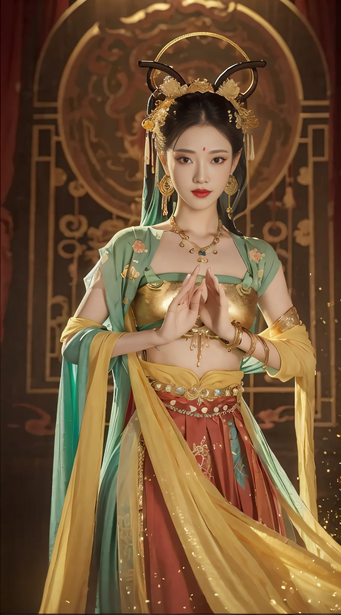 tmasterpiece, Traditional chinese painting, 1个Giant Breast Girl, False lashes,Gold jewelry,long whitr hair, looking at viewert,dances,Perfect facial features,Normal hands,5 fingers, Titillating, O spirit, drak, dunhuang_style, dunhuang_cloths, UHD Dragon Horn, The dragon is flying, 4k, Best quality at best, super detailing, stage lighting,smog,Award-Awarded, high qulity,Best quality at best，high detal