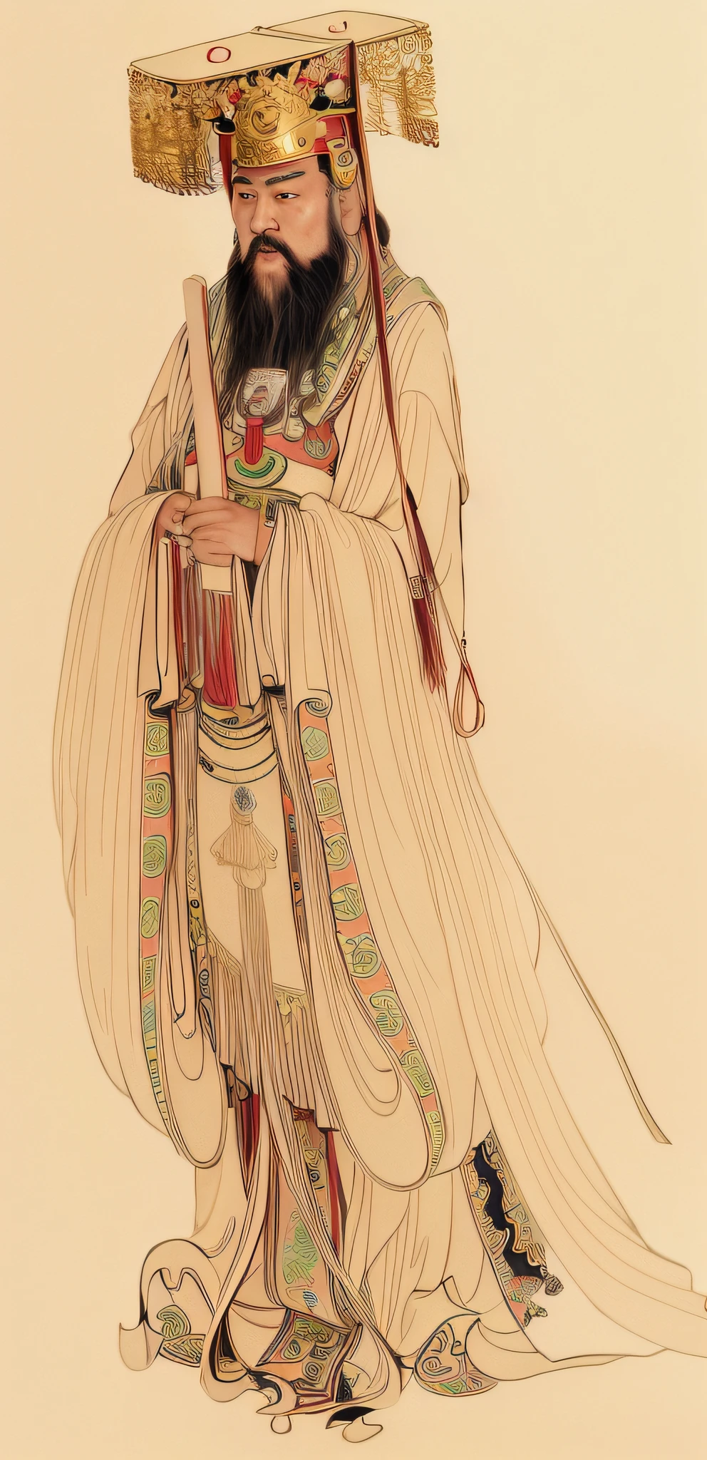 Masterpiece, Best quality, Realistic,
The big man in the Sanqing Hall,Looks like a Buddha,Handsome,Long beard,
Serious, Fierce and vicious,
(Dressed in flowing robes, Ancient Chinese costumes, sculpted, Embroidered pattern,:1.2)
(Put on the crown of the Chinese emperor,A row of jade beads hangs from the crown,Cloth tape,Handheld wat board,Emperor costume,Robe,:1.2)
Side view,full lenght shot,photo-realistic,Soft shadows,no contrast,clean sharp focus,Shot on the Sony A7IV,Sigma 50mm F1.4,filmgrain,Natural lighting,
