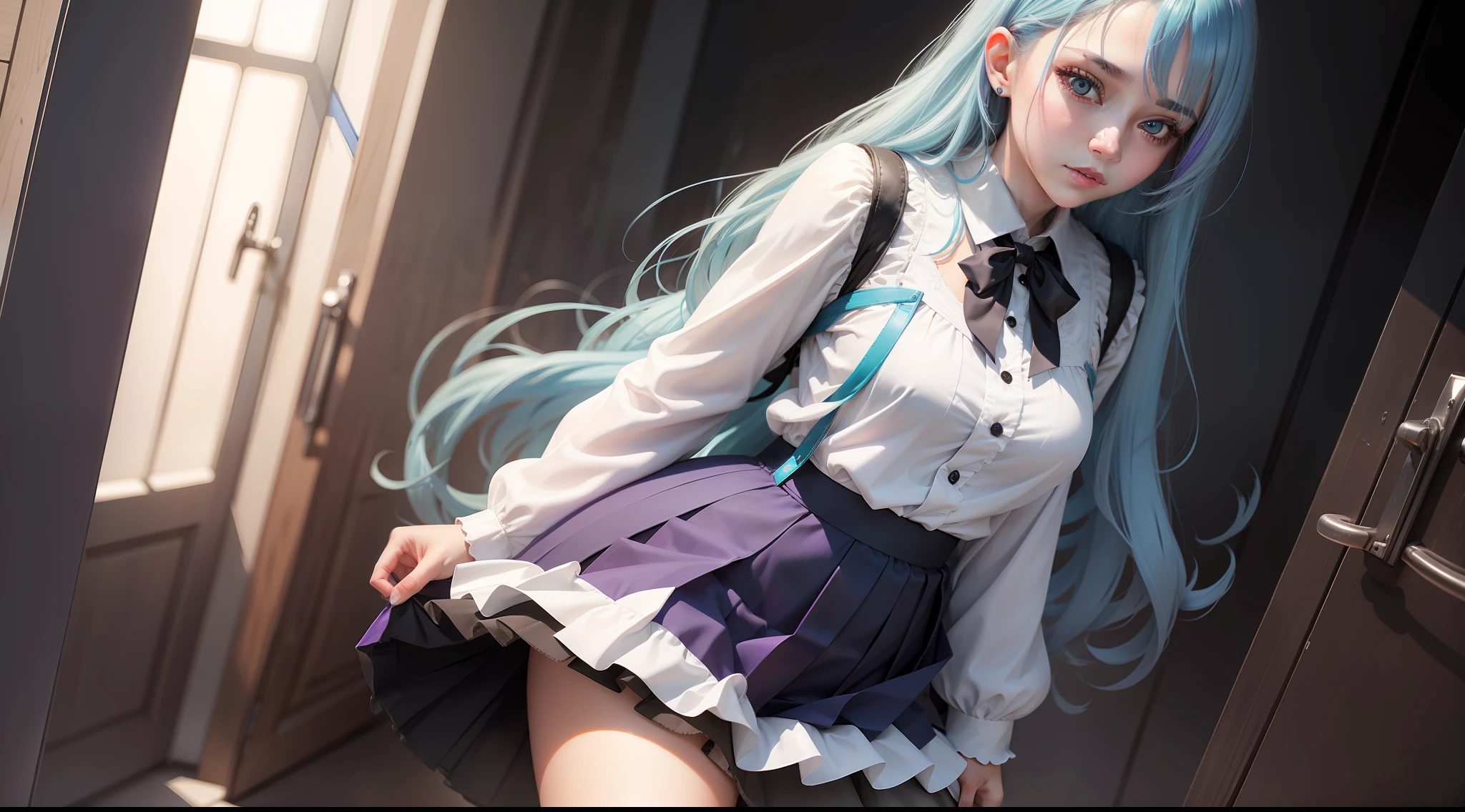 blue hairs,White color blouse,Black pleated hip skirt,Purple is the base color of the background,The face is delicate,The clothes are rich in texture,A girl