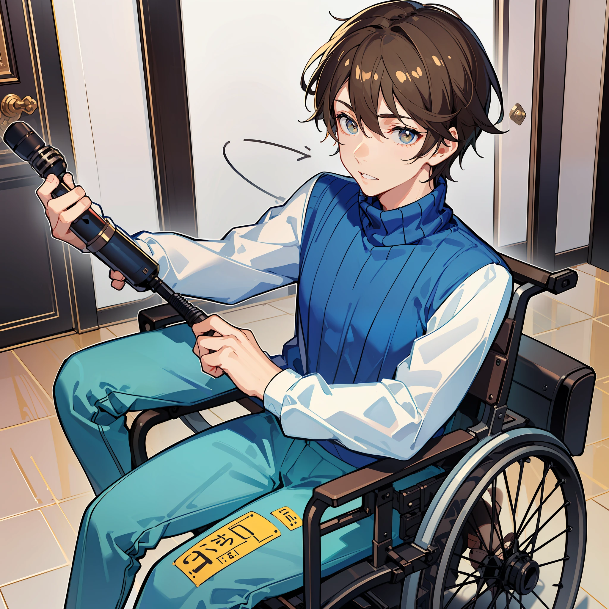 ((best quality, 4K)), 1 boy, solo, brown hair, close-cropped hair, no bangs, brown eyes, ((blue sweater, turtleneck, dark blue pants, prosthetic leg)), wheelchair, holding microphone, bashful