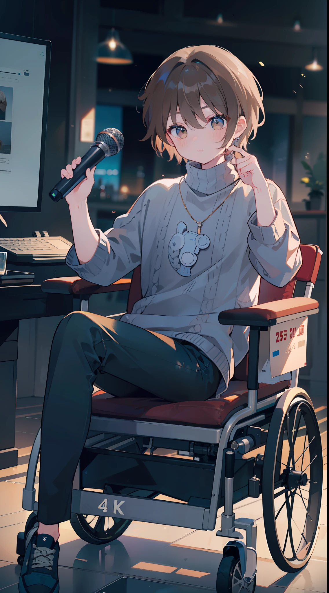 ((best quality, 4K)), 1 boy, solo, brown hair, very short hair, no bangs, brown eyes, ((blue sweater, turtleneck, dark blue pants, prosthetic leg)), wheelchair, holding microphone, bashful