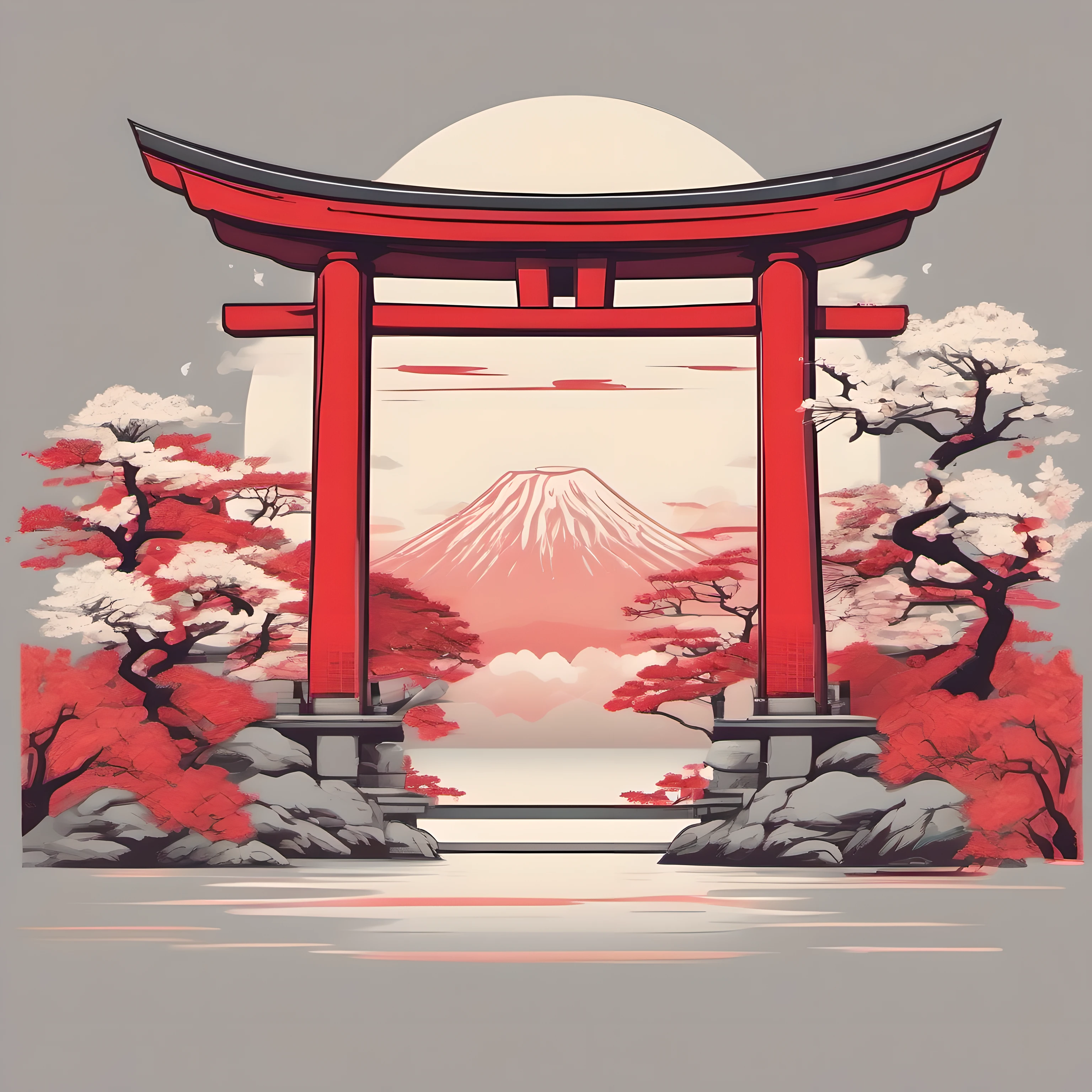 artwork of t-shirt graphic design, flat design of vintage japanese, Torii Gate, Japan Temple, pastel shades, highly detailed clean, vector image, photorealistic masterpiece, professional photography, realistic building, simple red pastel for torii, flat white background, isometric, vibrant vector((white background))