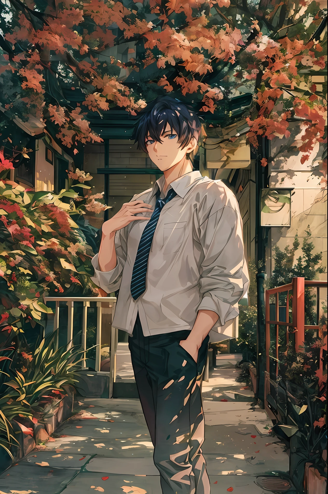 there is a man standing on a sidewalk in front of a house, handsome anime pose, tall anime guy with blue eyes, young anime man, anime portrait of a handsome man, anime handsome man, male anime style, male anime character, official art, anime full body illustration, makoto shinkai. digital render, anime poster film still portrait