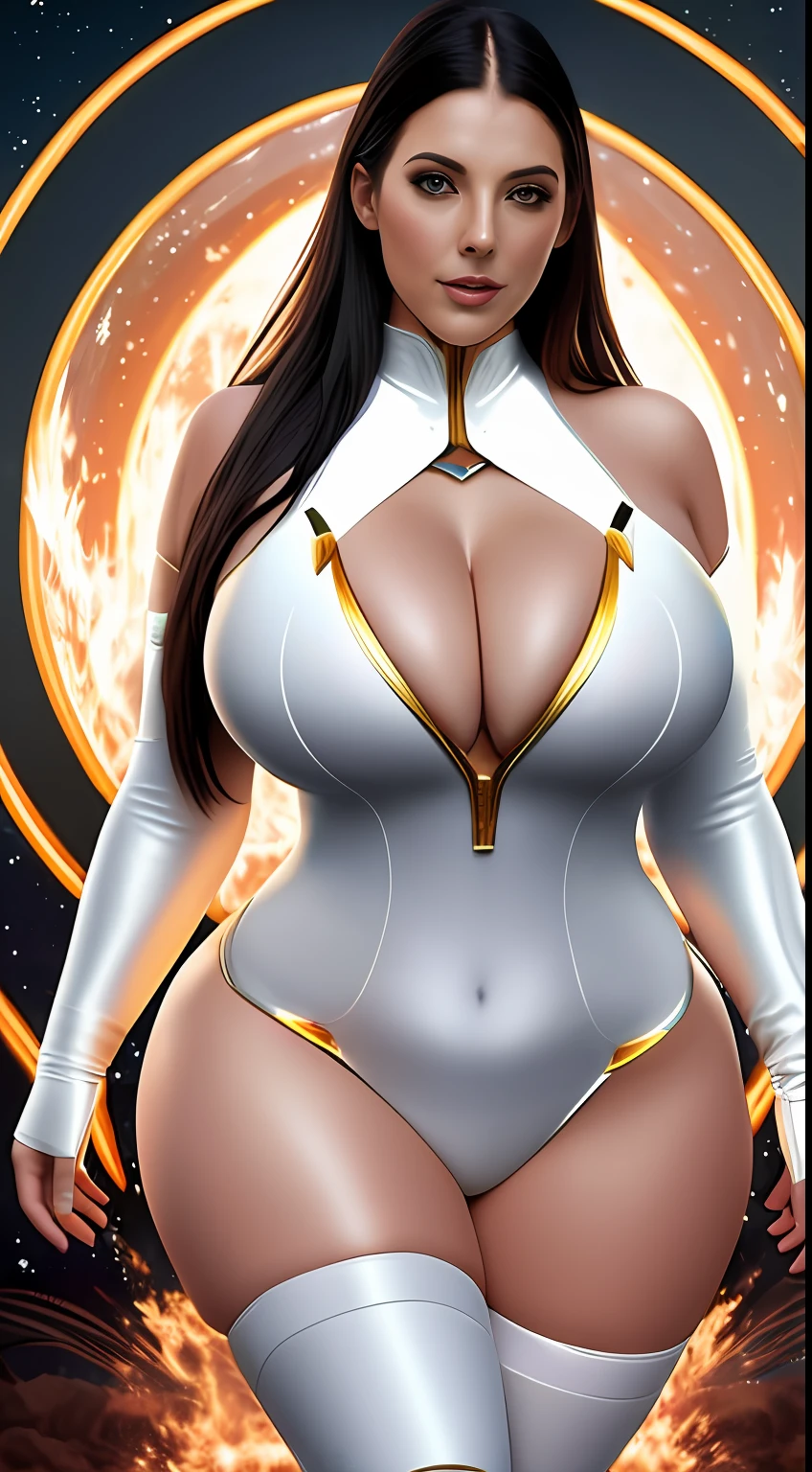 create Angela White in Full body photography of the most beautiful artwork in the world, a beautiful curvy woman in intricate BZCcostume burning in the australia desert, big breasts, rainbow colors, ArtStation, CGSociety, complex, high detail, clear focus, dramatic, realistic pictorial art trends Greg Rutkovsky