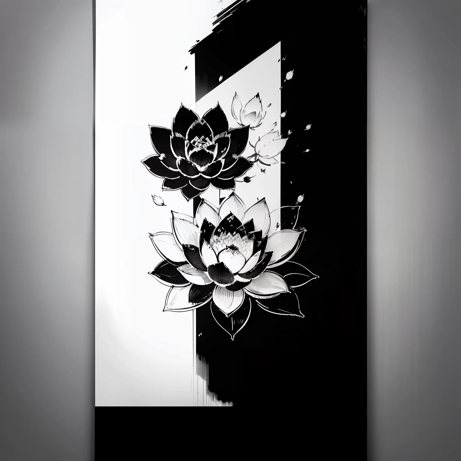 lotus flower,Corruption,Black and white line drawing,Brilliant brush strokes "Lotus",Skillful hands raise the breeze,Small scenes,probity,