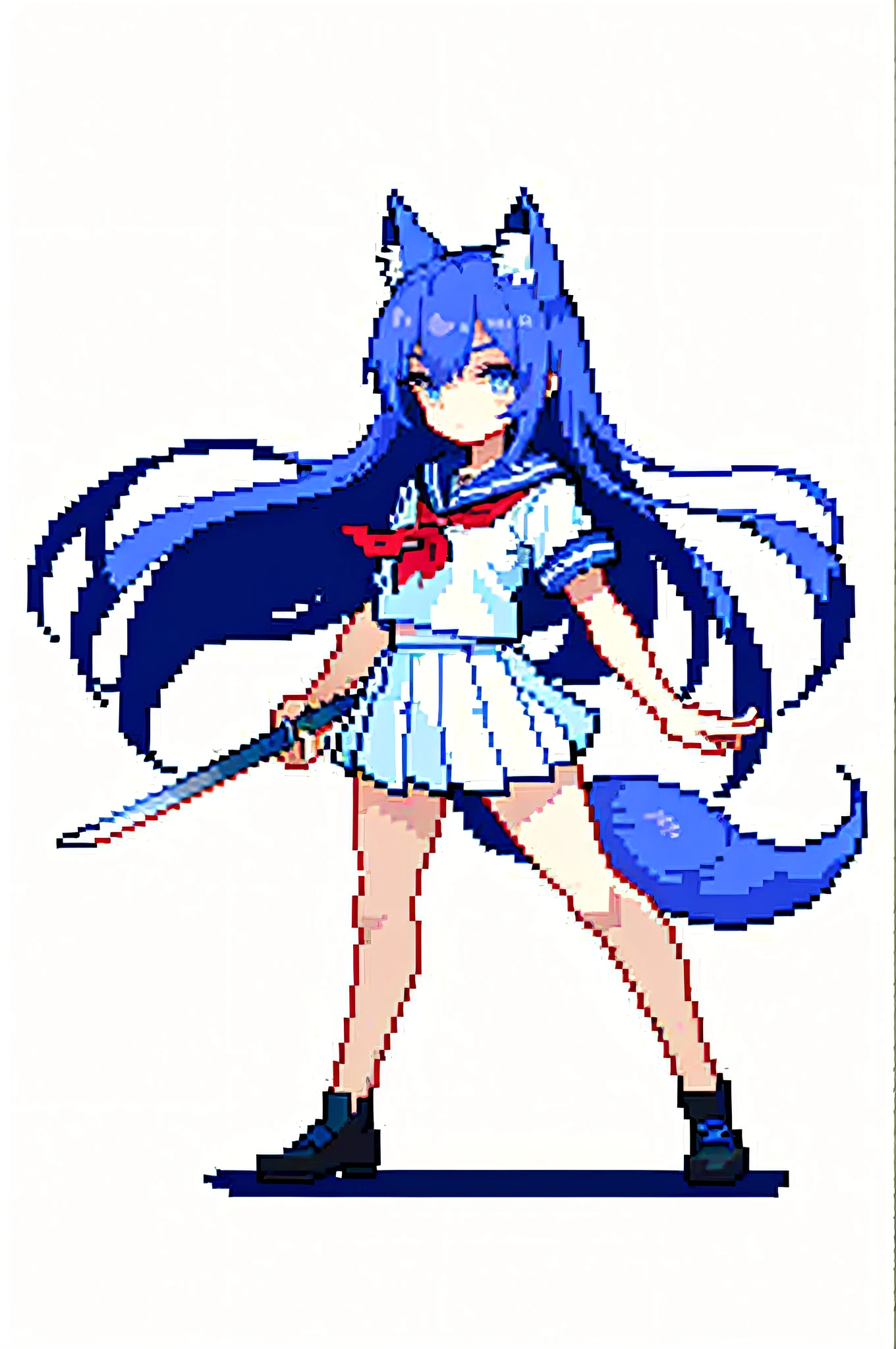 （tmasterpiece，top Quority，best qualtiy），pix，pixelart，1girll，full bodyesbian，Fox Maiden，whaite hair，katana swords，Offensive stance，a sailor suit，Manteau