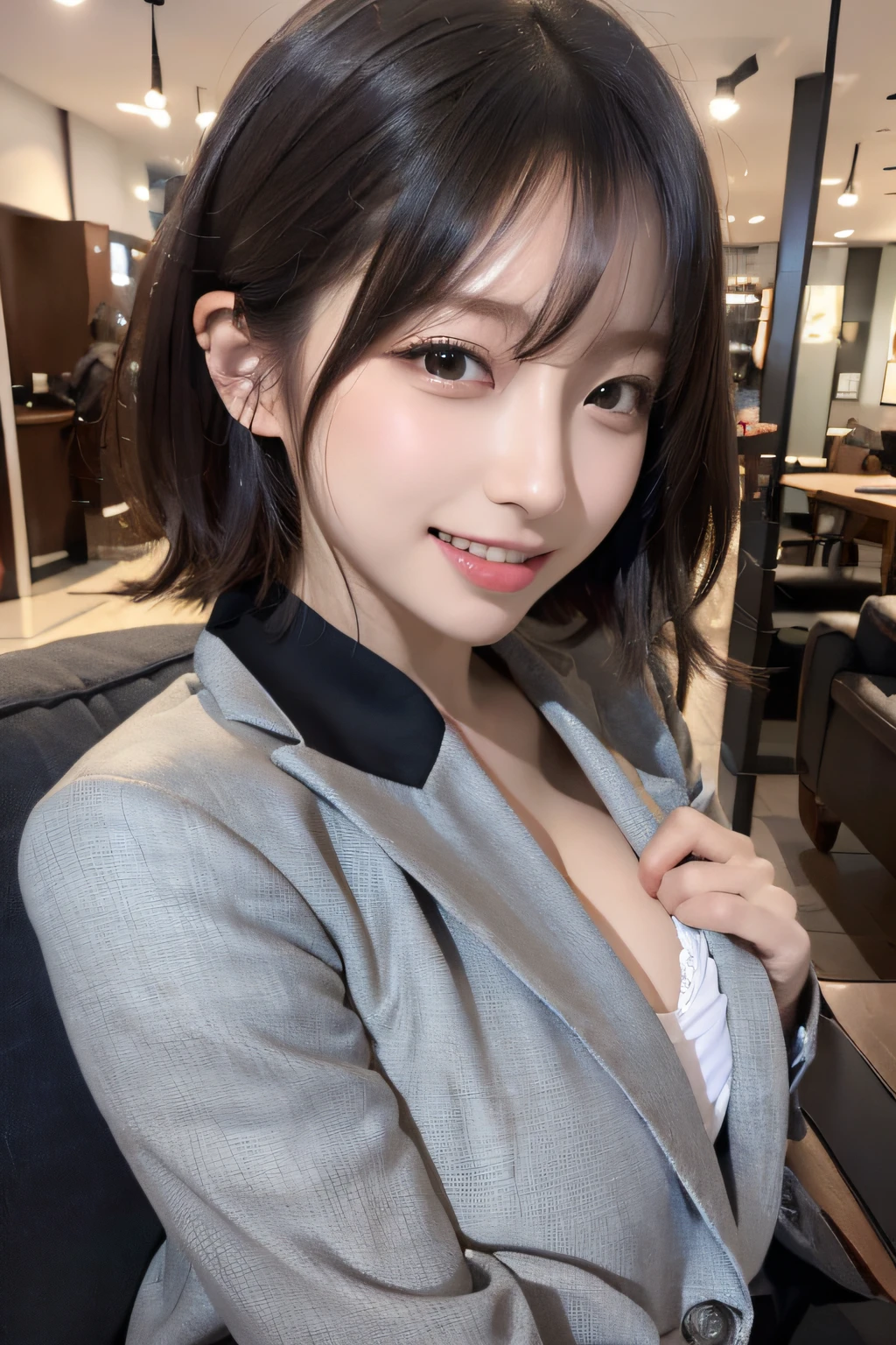 (8k、RAW Photography、超A high resolution、top-quality、masterpiece:1.2)、(realistic illustration)、(extremely detailed CG unified 8k wallpaper)、absurderes、 1 girl in、21years old、beautiful countenance、medium chest、Black medium hair、a smile、Tilting head、show the grinps、put out the tongue、The upper part of the body、Slim Fit Pants、Grey tailored jacket、sofas、The upper part of the body、乃木坂アイドル、女優、韓国アイドル