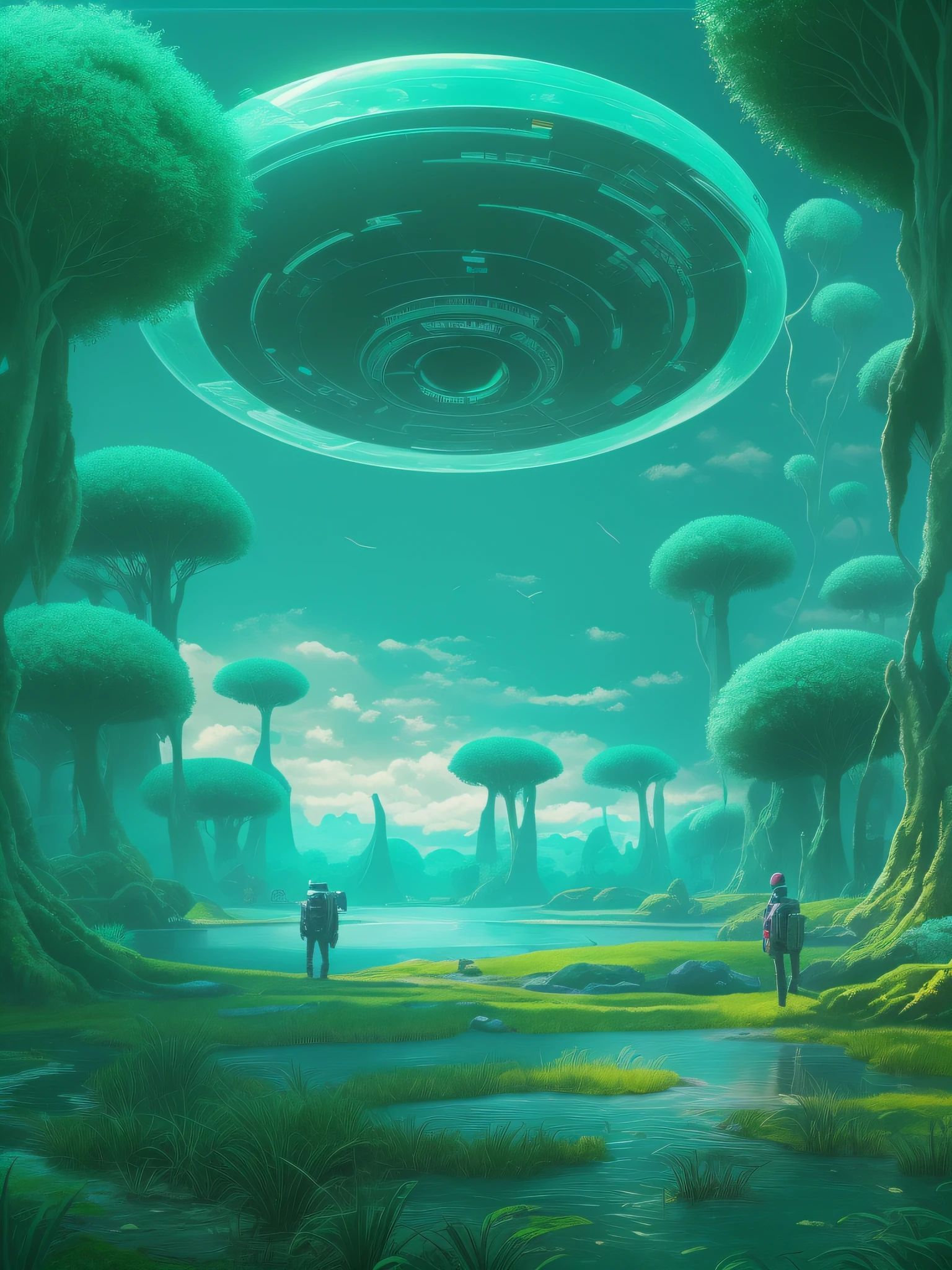Futuristic Alien Round School, In the middle of a turquoise alien forest, beeple , Sci-fi fantasy wallpaper, , Lush alien scenery green sky, science fantasy painting, science fiction landscape, Green Lake and Blue Field,