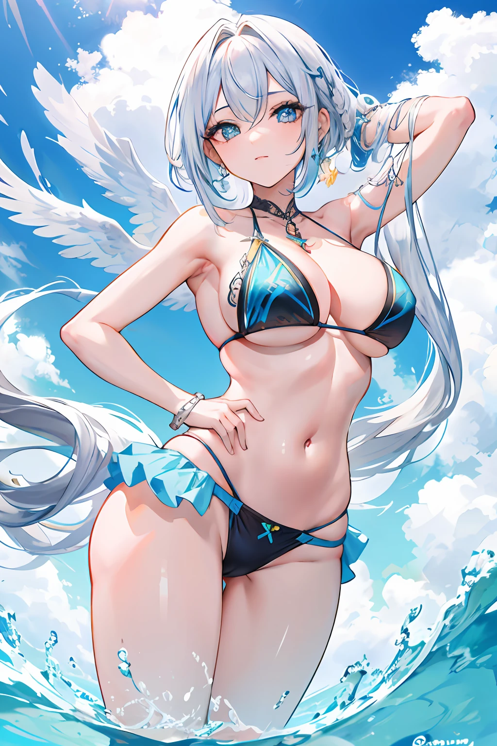 mulher, mylf, grande seios, bikini, olhar pervertido, olhos azuis, cabelo branco, pose dinamica