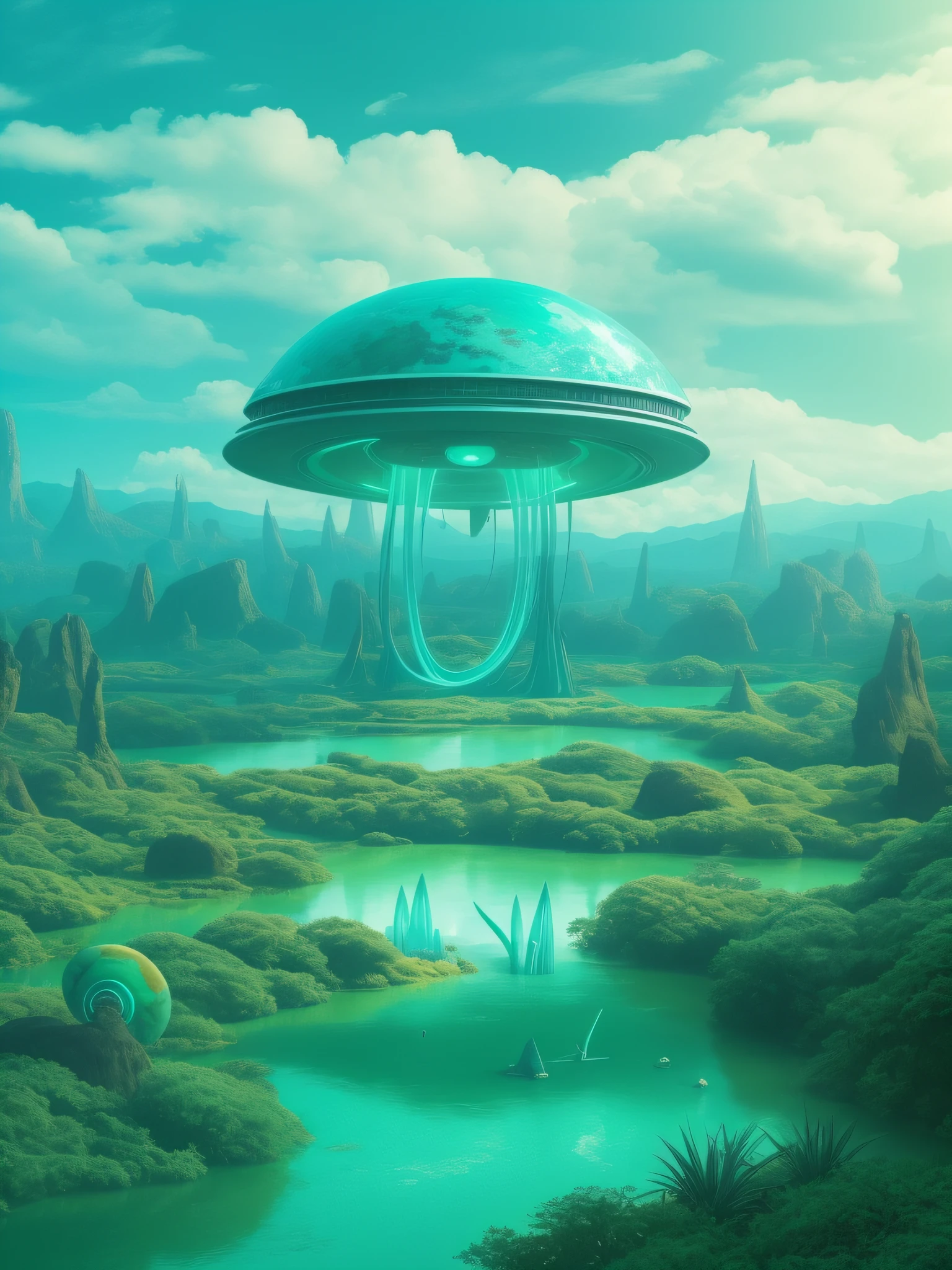 Futuristic Alien Round School, In the middle of a turquoise alien forest, beeple , Sci-fi fantasy wallpaper, , Lush alien scenery green sky, science fantasy painting, science fiction landscape, Green Lake and Blue Field,