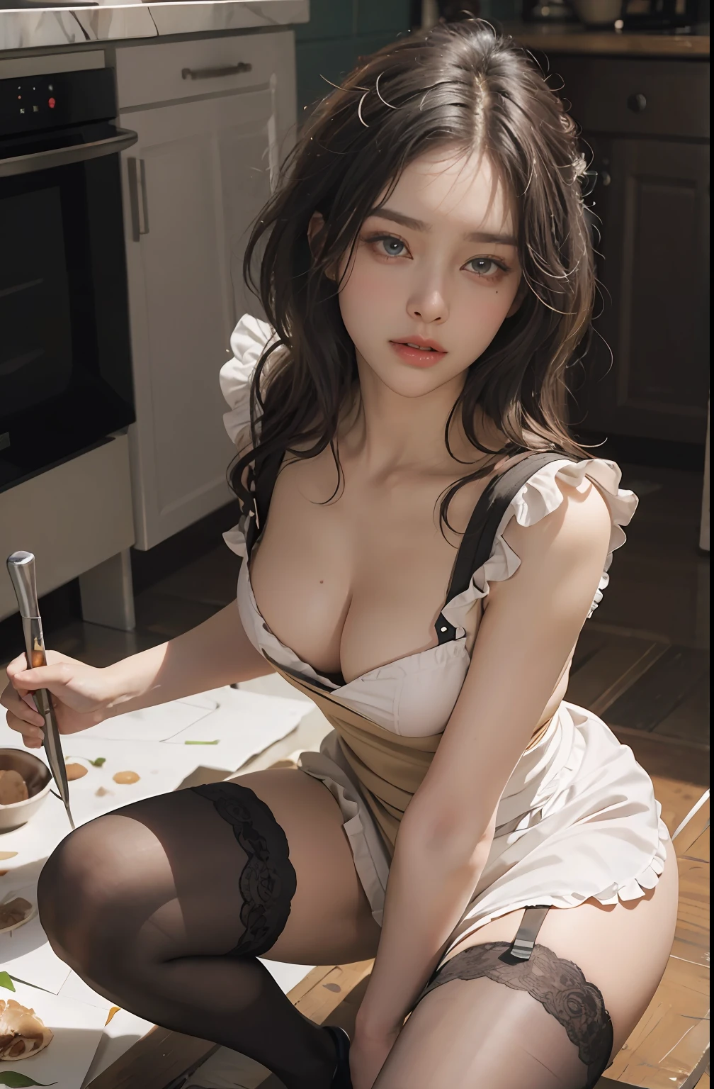 (hyperrealistic), (illustration), (high resolution), (8K), (extremely detailed), (best illustration), (beautiful detailed eyes), (best quality), (super detailed), (masterpiece), (wallpaper), (detailed face), solo, (dynamic pose), 1 girl, white wavy hair in the kitchen, korean, heterochromic eyes, small moles under the eyes, ((apron)), big breasts, long legs, tightens abs, (camel toes), (black stockings), (no panties), (no bra)