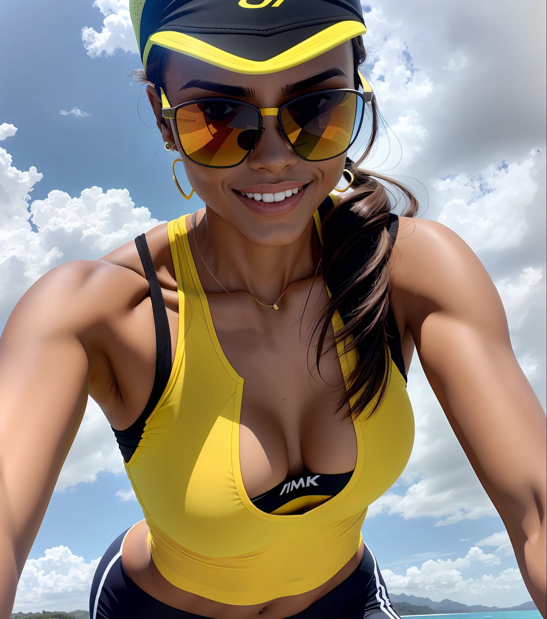 Mulher arrogante em um top amarelo e shorts azuis andando de bicicleta, yellow sport glasses, muito suado, suado, menina em forma, Esporte bom, sport bra and shorts, sport bra and shirt, sports glasses, suado 4 k, wearing oakley sunglasses, sports bra, peito para cima busto tiro, corpo baleado, clivagem, Desportivo, with sunglasses