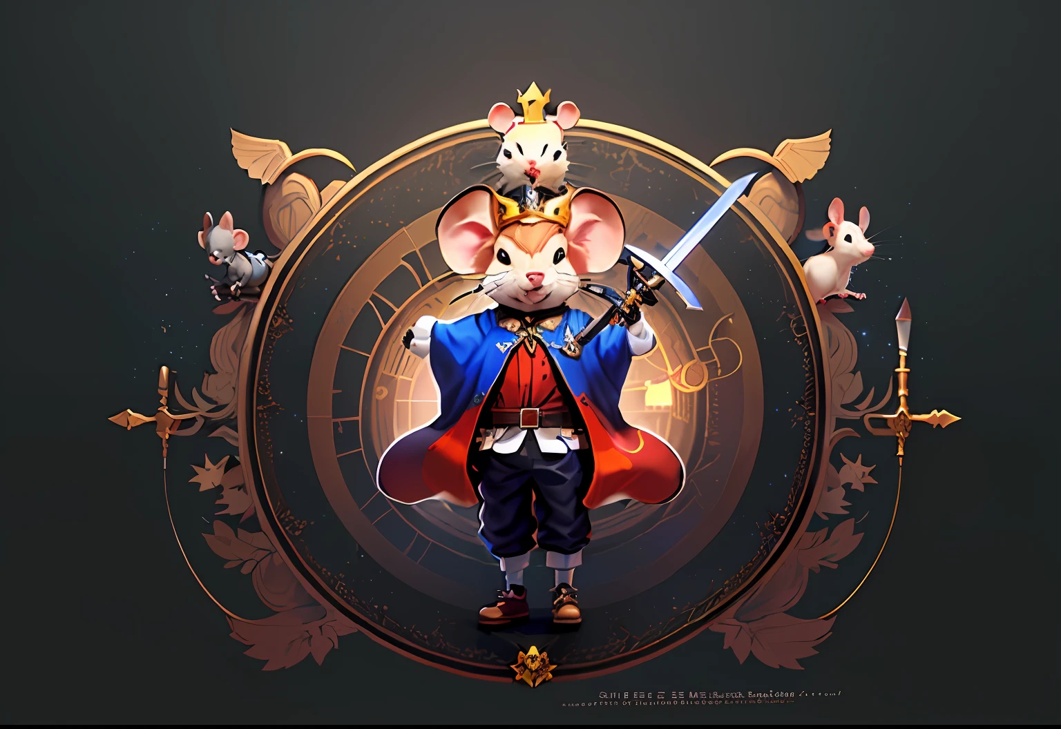 There is a cartoon mouse in a costume,Holding An Sword, Anthropomorphic mouse, mouse in clothes, maplestory mouse, cute chibi rat wizard, an anthropomorphic rat, cute mouse pokemon, mouse, The phalanges of a reed rat, anthropomorphic mouse, Rats with a crown, cyborg mouse, japanese mascot