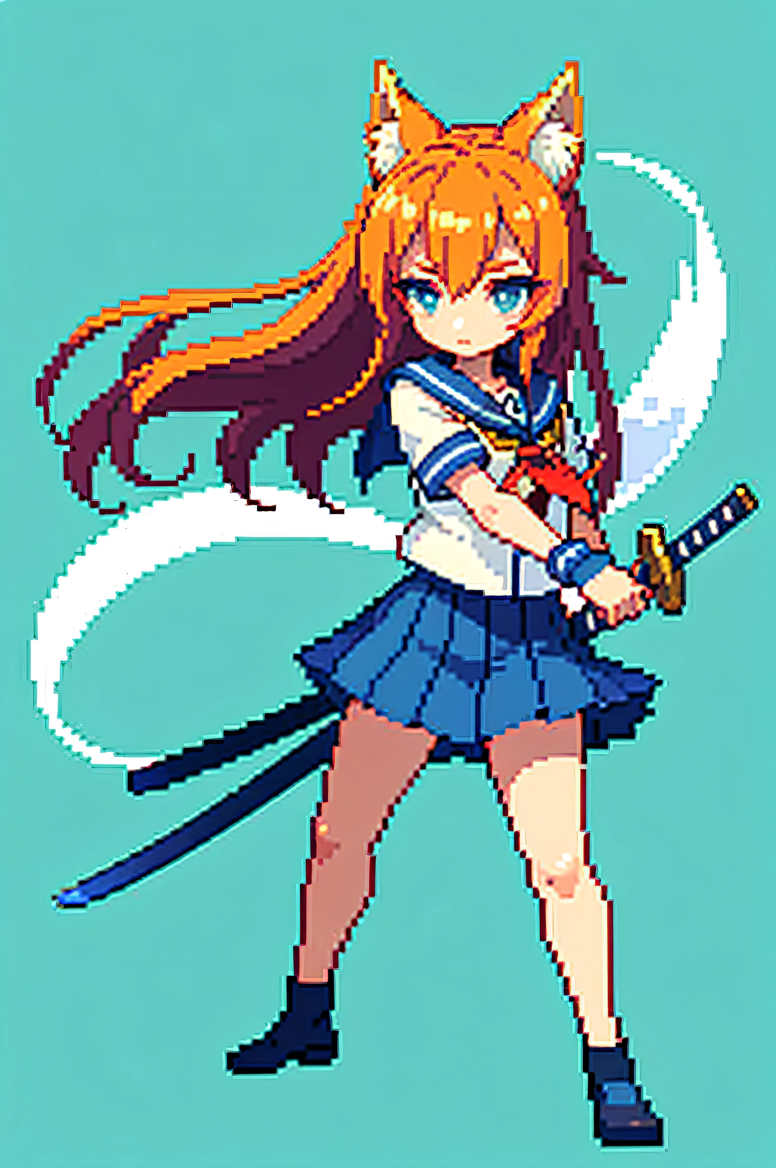 （tmasterpiece，top Quority，best qualtiy），pix，pixelart，1girll，full bodyesbian，Fox Maiden，whaite hair，katana swords，Offensive stance，a sailor suit，Manteau