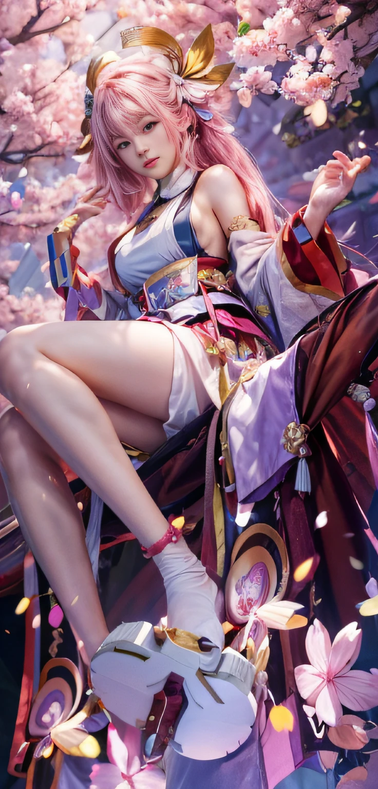 Anime girl sitting on a cherry blossom tree,Pink hair,A doll is held between his feet, trending on cgstation, WLOP and Sakimichan, Onmyoji detailed art, 3D CGI anime fantasy artwork, Best anime 4k konachan wallpaper, Guviz-style artwork, Guviz, Smooth anime CG art, onmyoji,primitive,tmasterpiece,ultra fine photos,,best qualtiy,超高分辨率,Photoreality,rays of sunshine,full-body portraits,stunningly beautiful,delicated face,very highly detailed background,vibrant eyes,detailed face with,Detailed and complex busy background,Untidy,opulent,milkyW,Highly detailed skin,Realistic details of skin,Visible Pore,tack sharp focus,volume fog,8K UHD,digital SLR camera,high qulity,filmgrain,White skin of the,photo-realism, look from down,