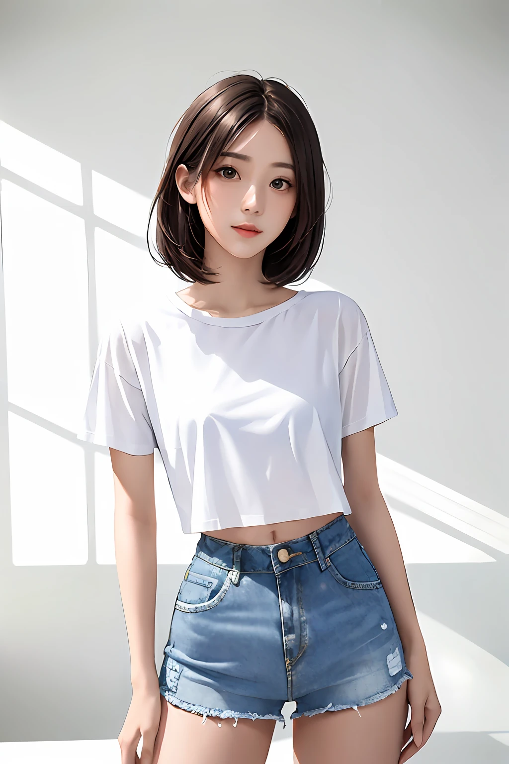 Girl posing for photo in white bra and tight denim skirt，full bodyesbian，With a cut of a more transparent T-shirt、brassier，Slim body，Smaller bust