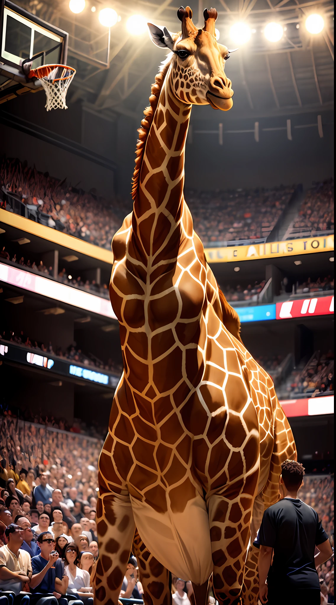 A giraffe makes its way into a basketball game,Wear a basketball jersey,Shutter flash,Both sides were surprised,The audience cheered and waved,Panorama Figures,Noisy --auto
