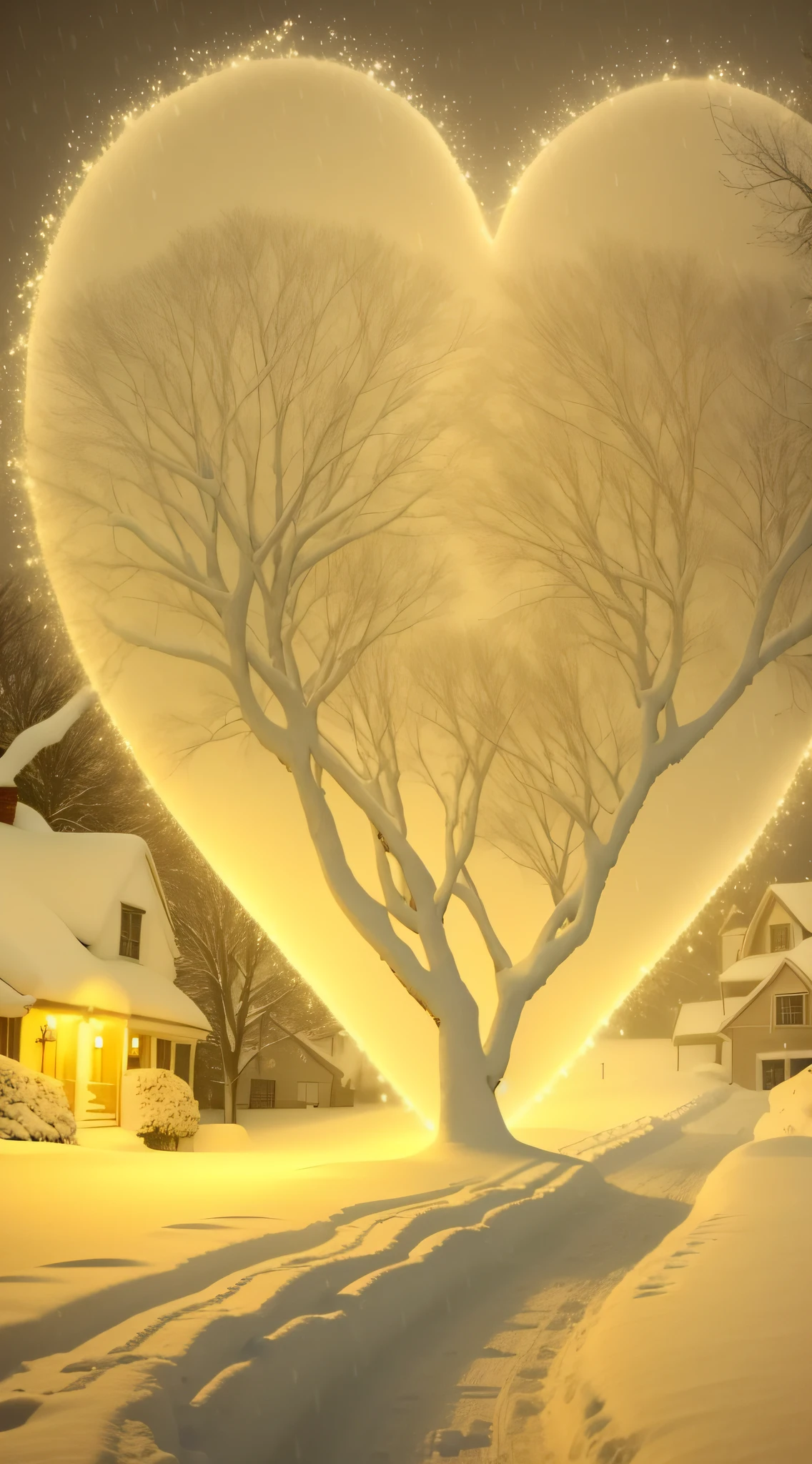 Heart-shaped trees in a snowy neighborhood,The background is a house, glowing snow, Light snowfall, fantasia de cena de inverno, snow glow, perfect lighting in a snow storm, snowfall at night, White warm color lighting, soft light of winter, snowy winter christmas night, winter setting, Inspired by Gediminas Plankevichus, snowy night, background artwork