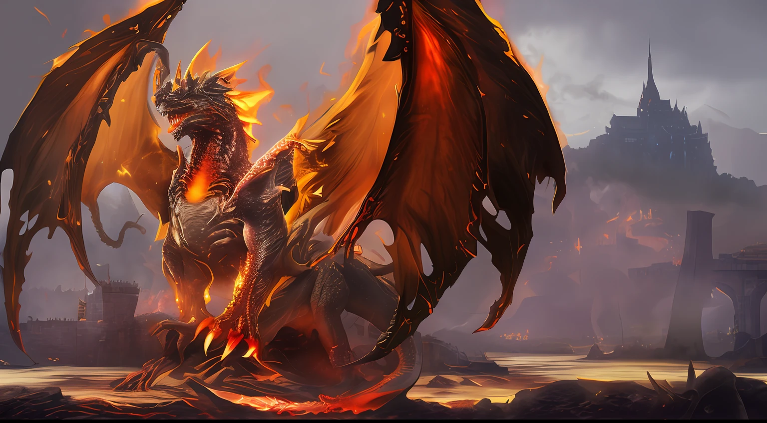 A demon dragon breathing fire in front of the castle, deathwing, colossal dragon in background，Castle Alduin, , epic dragon, guildwar artwork, colossal dragon as background, ''dragon breathing fire, dragon made out of molten lava, dragon breathing fire, the devil in hell as a dragon, fire flaming dragon serpent, Dragon Knight