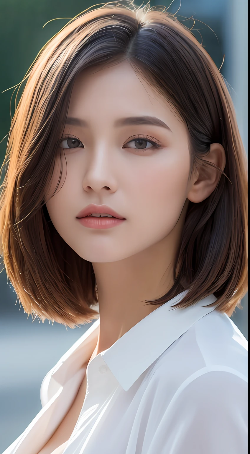 ((Best Quality, 8K, Masterpiece: 1.3)), Sharp: 1.2, Perfect Body Beauty: 1.4, Slim Abs: 1.2, ((Layered Hairstyle, Big Breasts: 1.2)), (Wet White Button Long Shirt: 1.1), (Rain, Street: 1.2), Wet: 1.5, Highly detailed face and skin texture, detailed eyes, double eyelids, side face looking at the camera