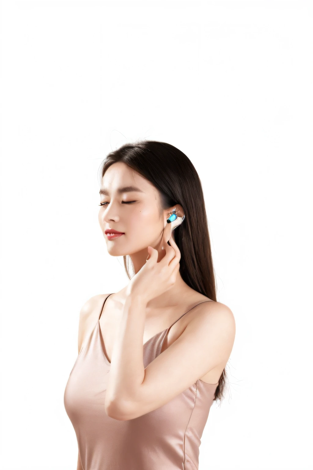 The woman in the tan dress pinched her neck with both hands, shaxi, earbuds jewelry, earbuds, product introduction photos, eora, with headphone, jia, zun, white backgrounid, Inspired by Huang Ji, the sideview, with accurate features, side - view, Ear, close face view, Inspired by Xiao Yuncong, side portrait imagery