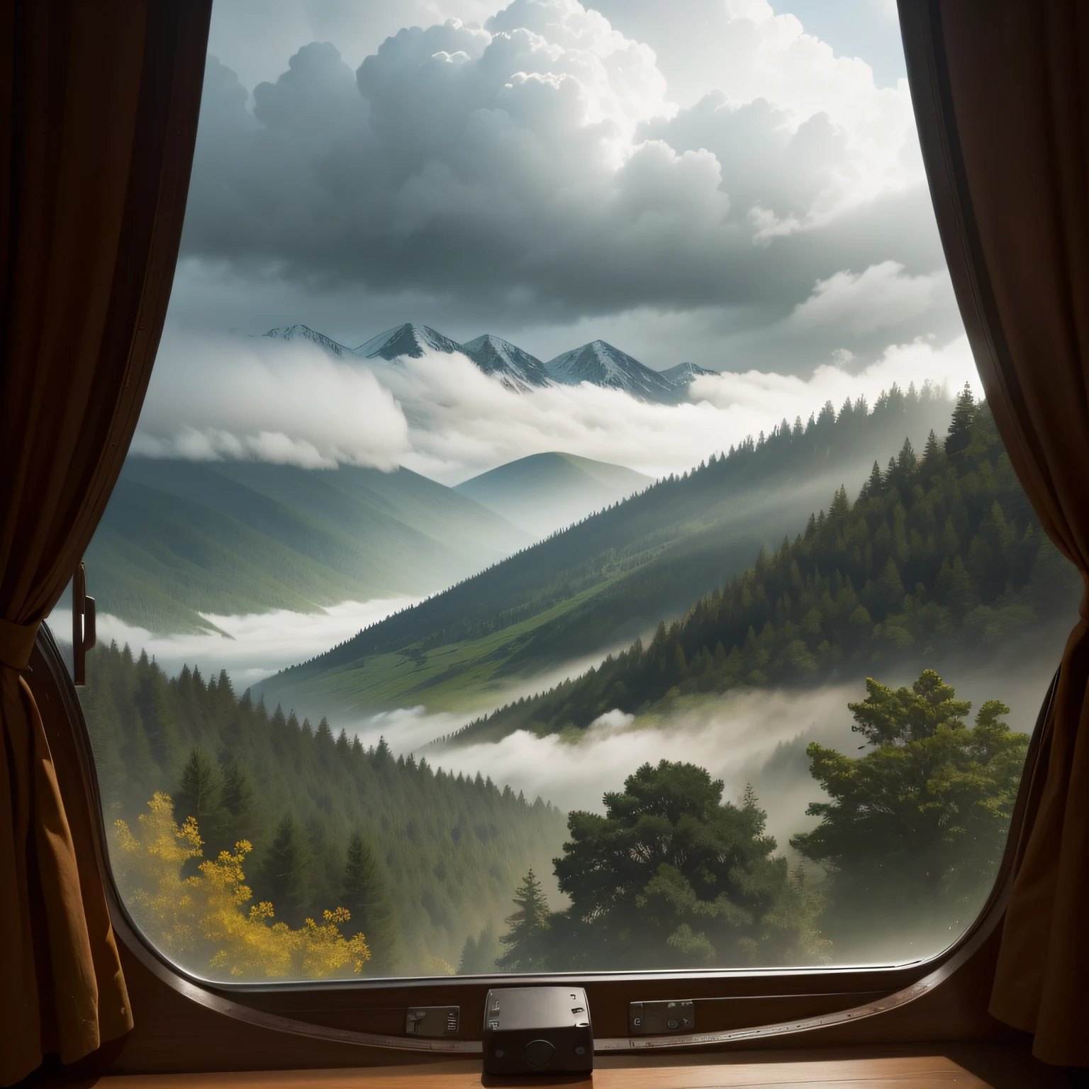 Close-up view of plane trees,Sense of mood,Forest view,In the distance are mountains,surrounded by cloud,Foggy rain,great outdoors,in a serene landscape,Refine the composition,highly-detailing,The woods are lush,Mountains