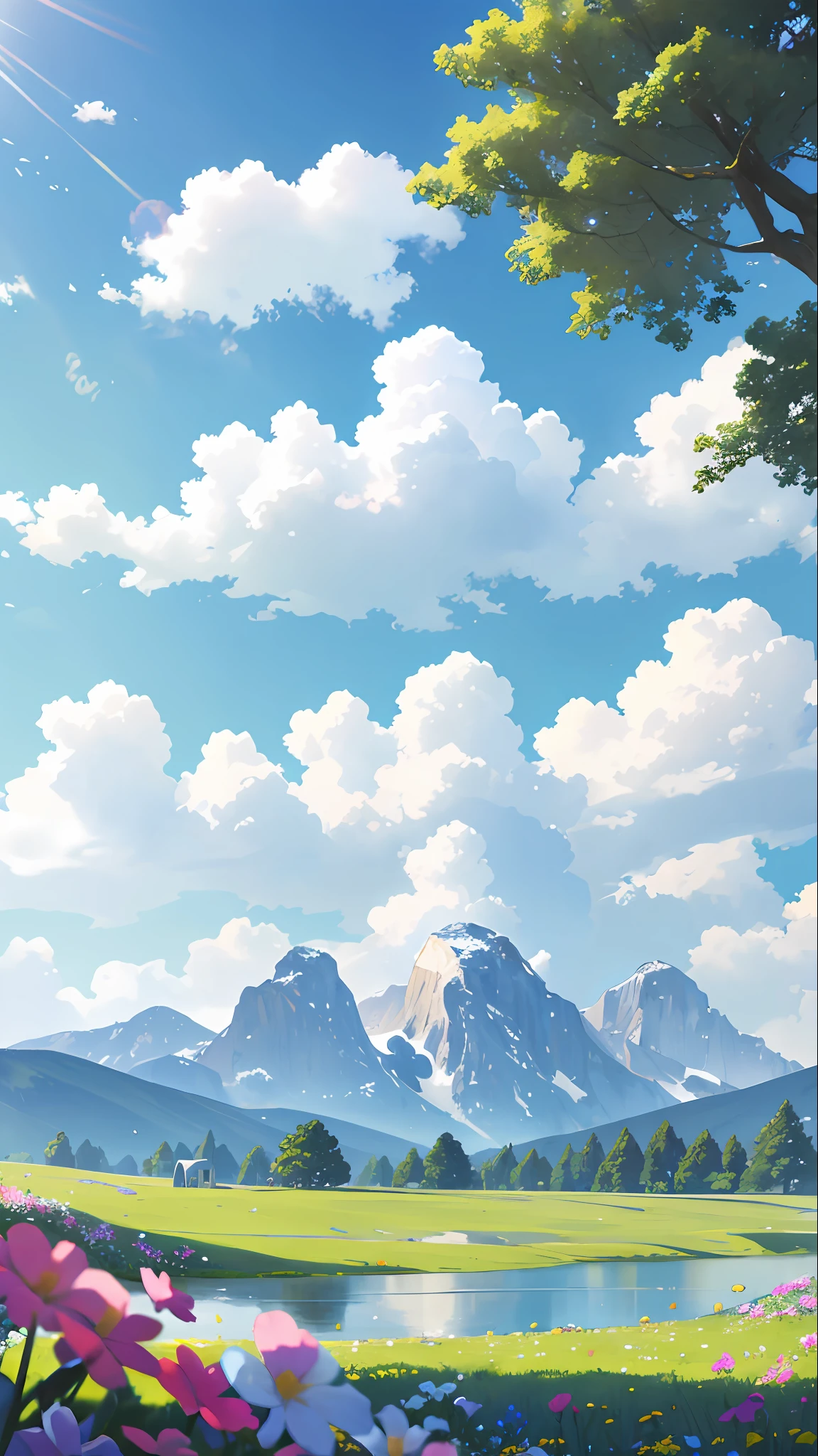 Summer, meadows, a few small flowers, clear lakes, heaven, big clouds, blue sky, hot weather, HD details, surdetails, cinematic, surrealism, soft light, deep field focus bokeh, distant vistas are snowy mountains, ray tracing and surrealism. --v6