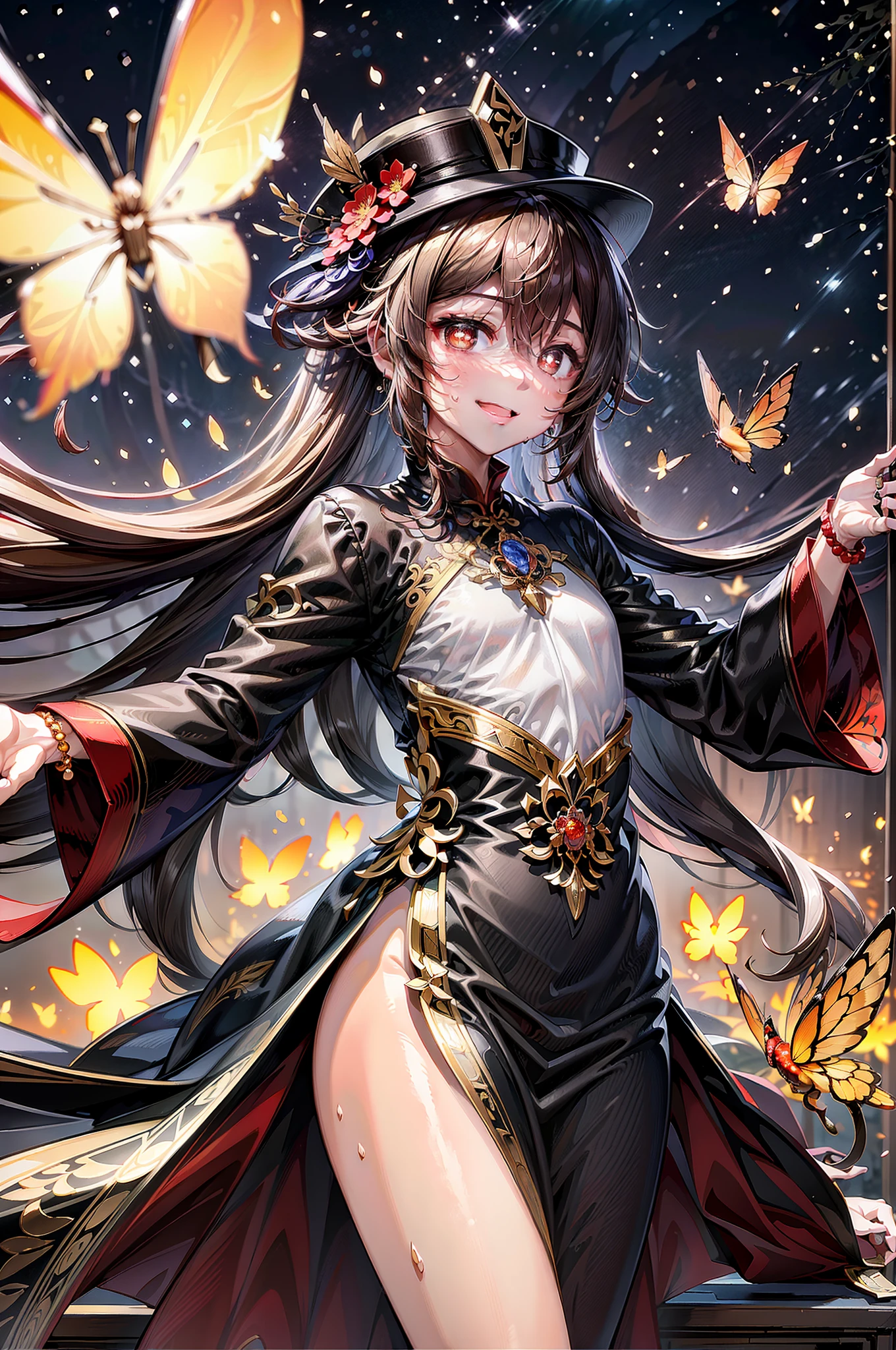 tmasterpiece、Best quality、（Shiny skin，sweat leggs:1.4）、slim、Look at the audience、1girl、动态照明、A high resolution、sharp fokus、depth of fields、little breast，hutao。the original god。