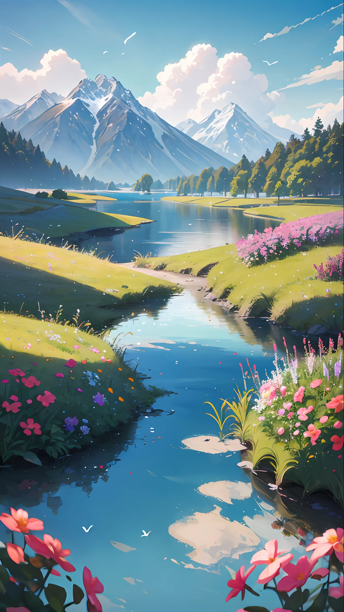 Summer, meadows, a few small flowers, clear lakes, sheep, heaven, large clouds, blue sky, hot weather, HD detail, hyper-detail, cinematic, surrealism, soft light, deep field focus bokeh, distant vistas are snowy mountains, ray tracing, and surrealism. --v6