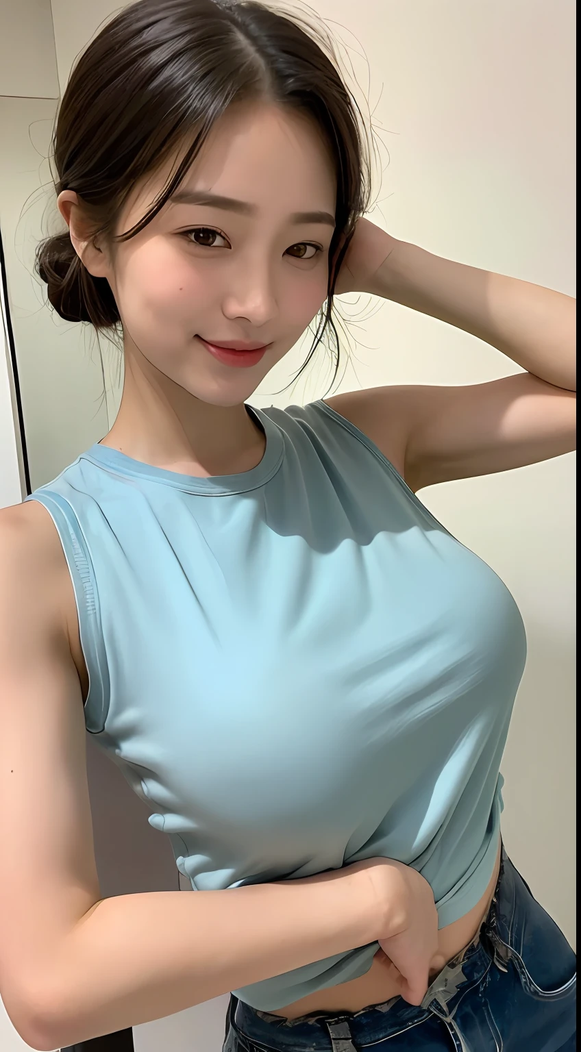 ((Best Picture Quality, 8k, tmasterpiece:1.3)), 1girl, Beautiful woman with slender abs:1.3, (Casual hairstyle, Leaky big breasts:1.2), shift dresses:1.1, Ultra-fine face, A detailed eye, 二重まぶた，ssmile，Home，Arms squeezing breasts，head bowed slightly，is shy