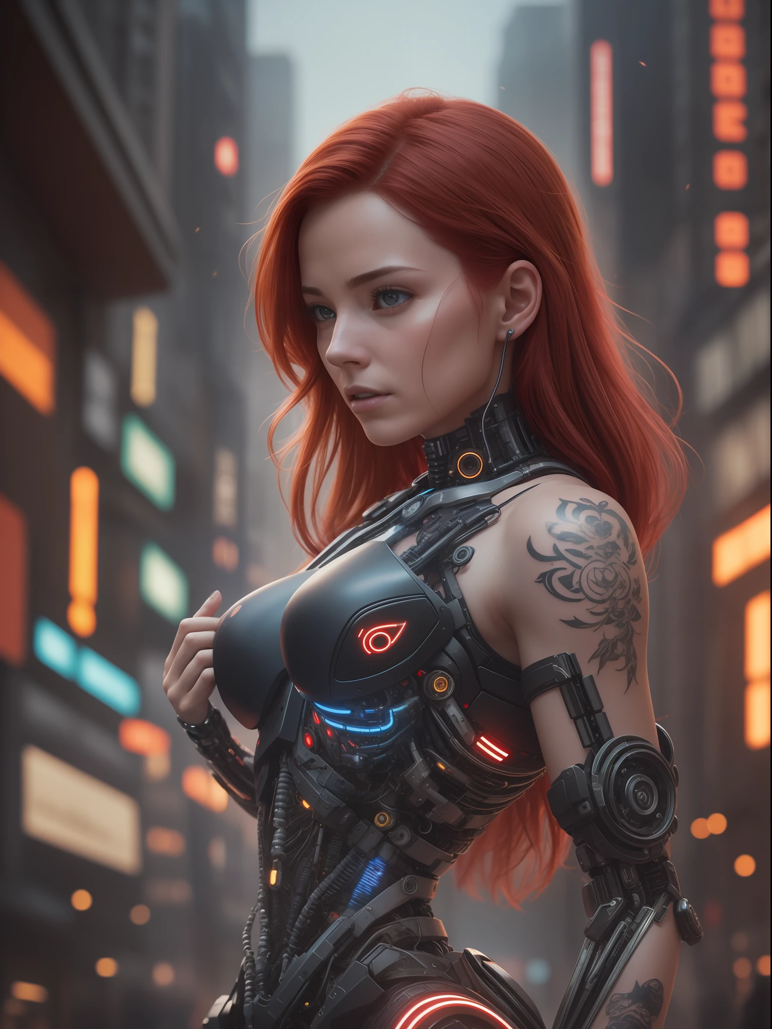 Award-winning photo from the waist up, red-haired woman showing her face, alone, from the torso up, with cybernetic enhancements with tattooing of magical symbols, in front of cyberpunk buildings, vibrant, photorealistic, hyper-realism, strong impressionist painting style, 1,618, elegant, ethereal, intricate, elaborate, hyper-realism, hyper-detailed, strong expressiveness and emotionality, cinematic lighting, visual clarity