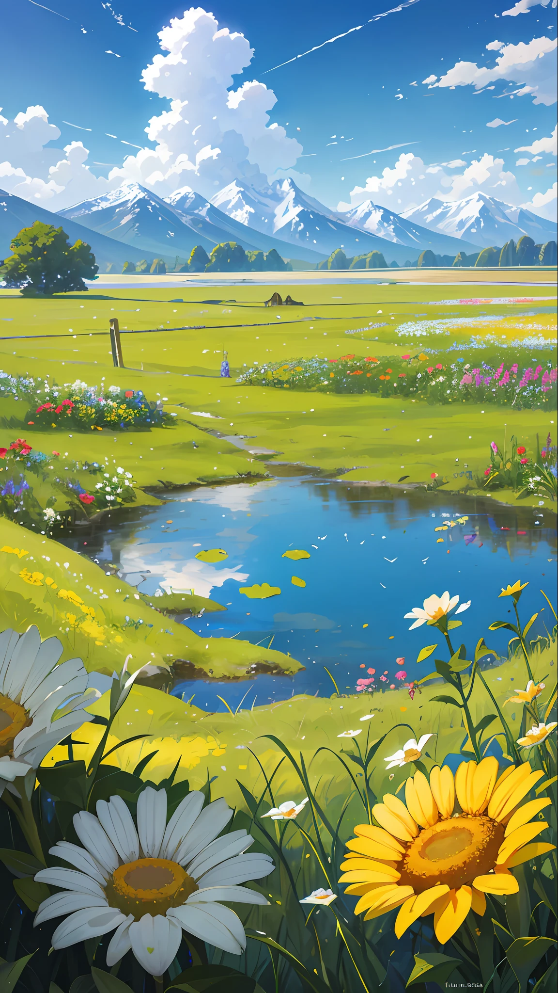 Summer, meadows, a few small flowers, clear lakes, sheep, heaven, large clouds, blue sky, hot weather, HD detail, hyper-detail, cinematic, surrealism, soft light, deep field focus bokeh, distant vistas are snowy mountains, ray tracing, and surrealism. --v6