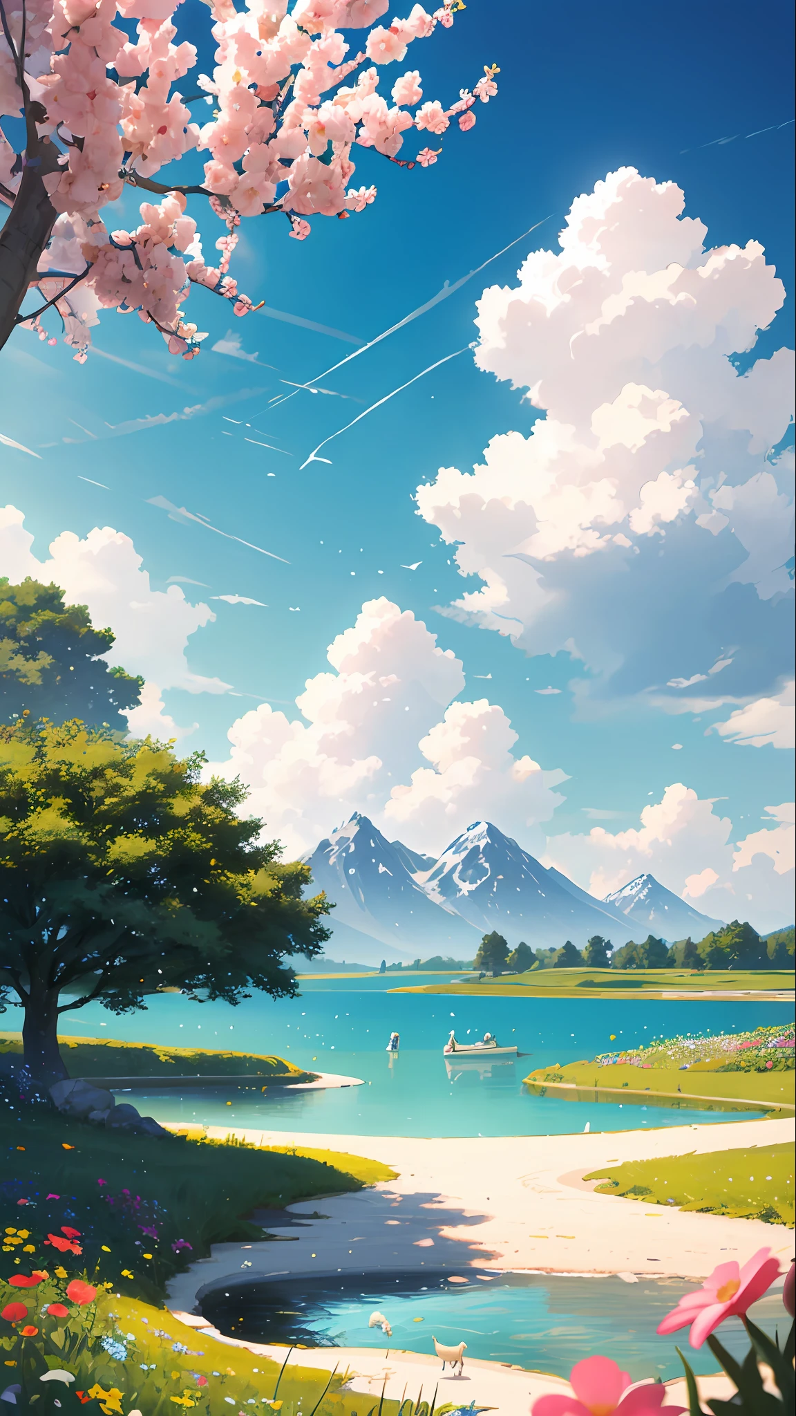 Summer, meadows, a few small flowers, clear lakes, sheep, heaven, large clouds, blue sky, hot weather, HD detail, hyper-detail, cinematic, surrealism, soft light, deep field focus bokeh, distant vistas are snowy mountains, ray tracing, and surrealism. --v6