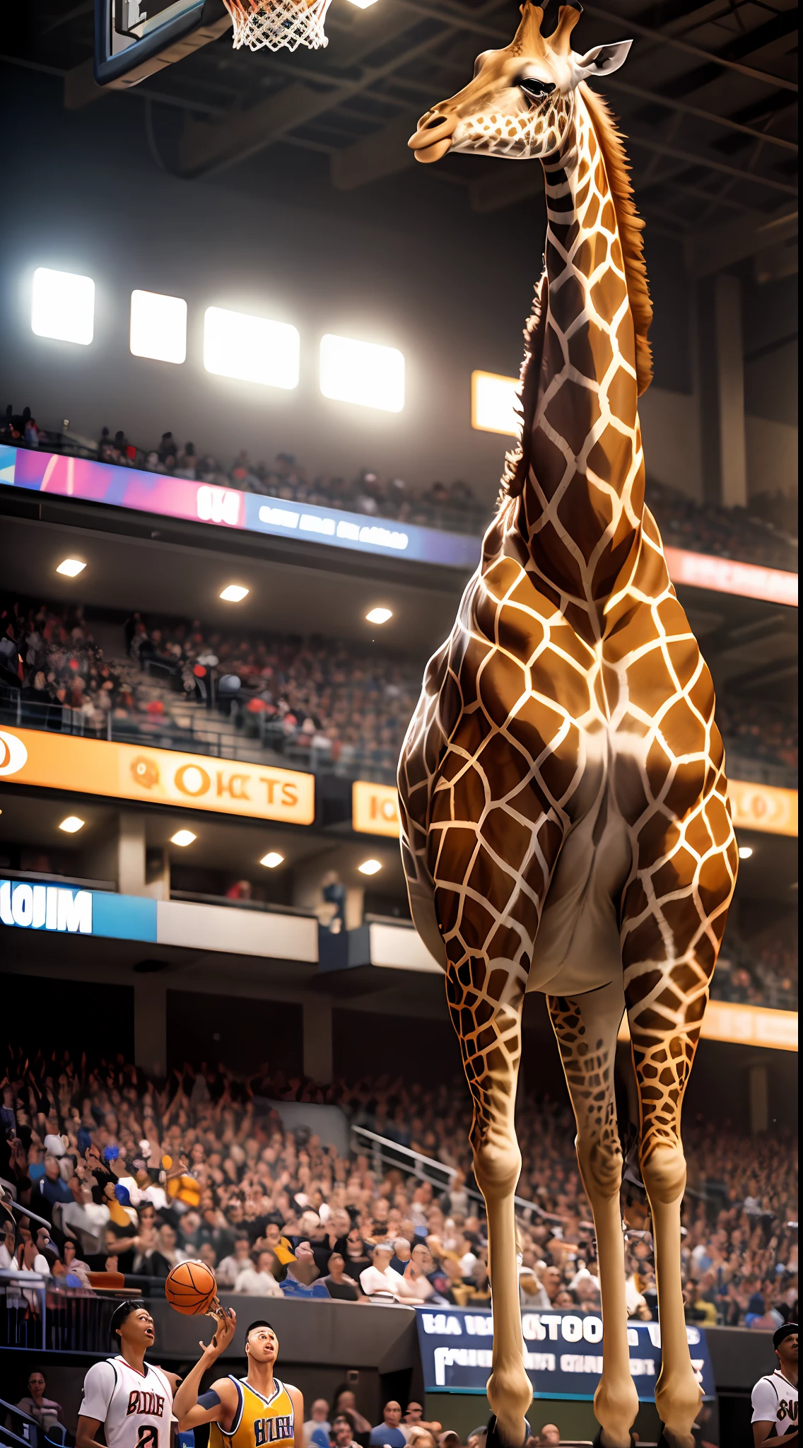 A giraffe makes its way into a basketball game,Wear a basketball jersey,Shutter flash,Both sides were surprised,The audience cheered and waved,Panorama Figures,Noisy --auto