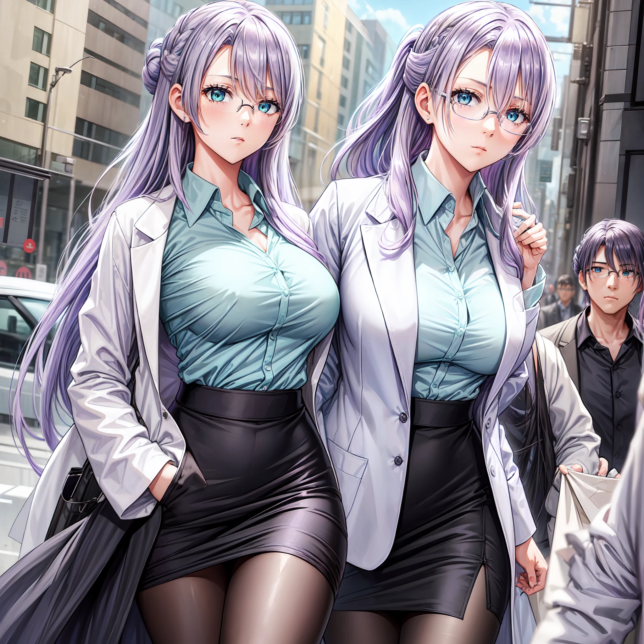 1 girl, lavender hair, long hair, lavender mature half updo, bangs hanging on the left side shoulder length hair strands hanging on either side tucked behind ears, light blue green eyes, Women's rimless glasses, large breast, doctor white coat, office lady tight shirt, unbottened shirt, pencil skirt, pair black stocking, outdoor