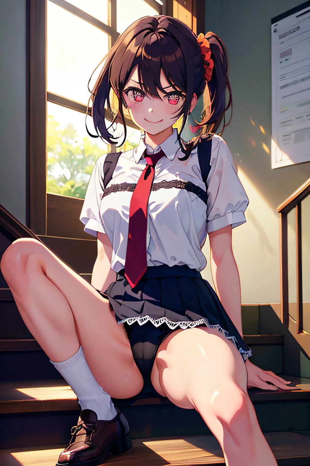 RioFutaba, Hi-Res, top-quality, illustratio, Super Detail, (Detail Face), (Detail Eye), Soft lighting, top-quality, Super Detail, masterpiece, 1girl in, 独奏, outfit2, Ash brown hair, poneyTail, Scrunchie, Brown-eyed, Short sleeved shirt, pleatedskirt, red necktie, (Glowing eyes),, (colourfull), Upper bust, A smile, crass room, Look at viewers、(Anna Tanaka)、hi-school girl、Summer clothes skirt、Lace panties、sit on stairs、NSFW:1.5、(Bend your knees and open your legs)