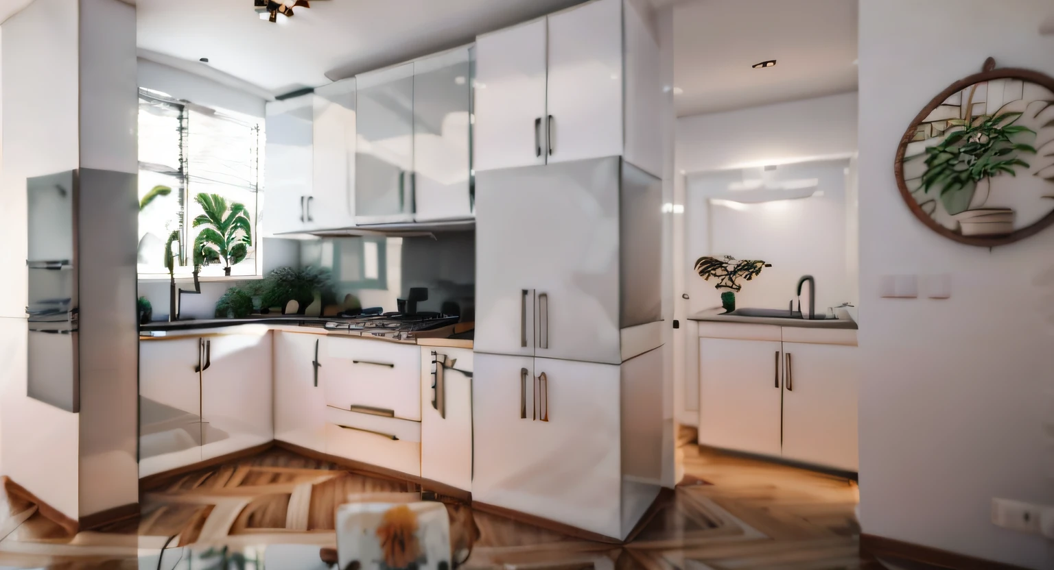 Kitchen renderings,Nordic style, There is a sink on the countertop on the right,There is one in the center of the picture(refrigerator),There is a cooking station on the left side of the refrigerator,The rear space on the right is the washbasin in the washroom,containing tables and walls, strong ambient occlusion, white space in middle, ambient reflective occlusion, ambient occlusion render, randomly segmented rooms, Environmental occlusion, ambient occlusion render, 3D