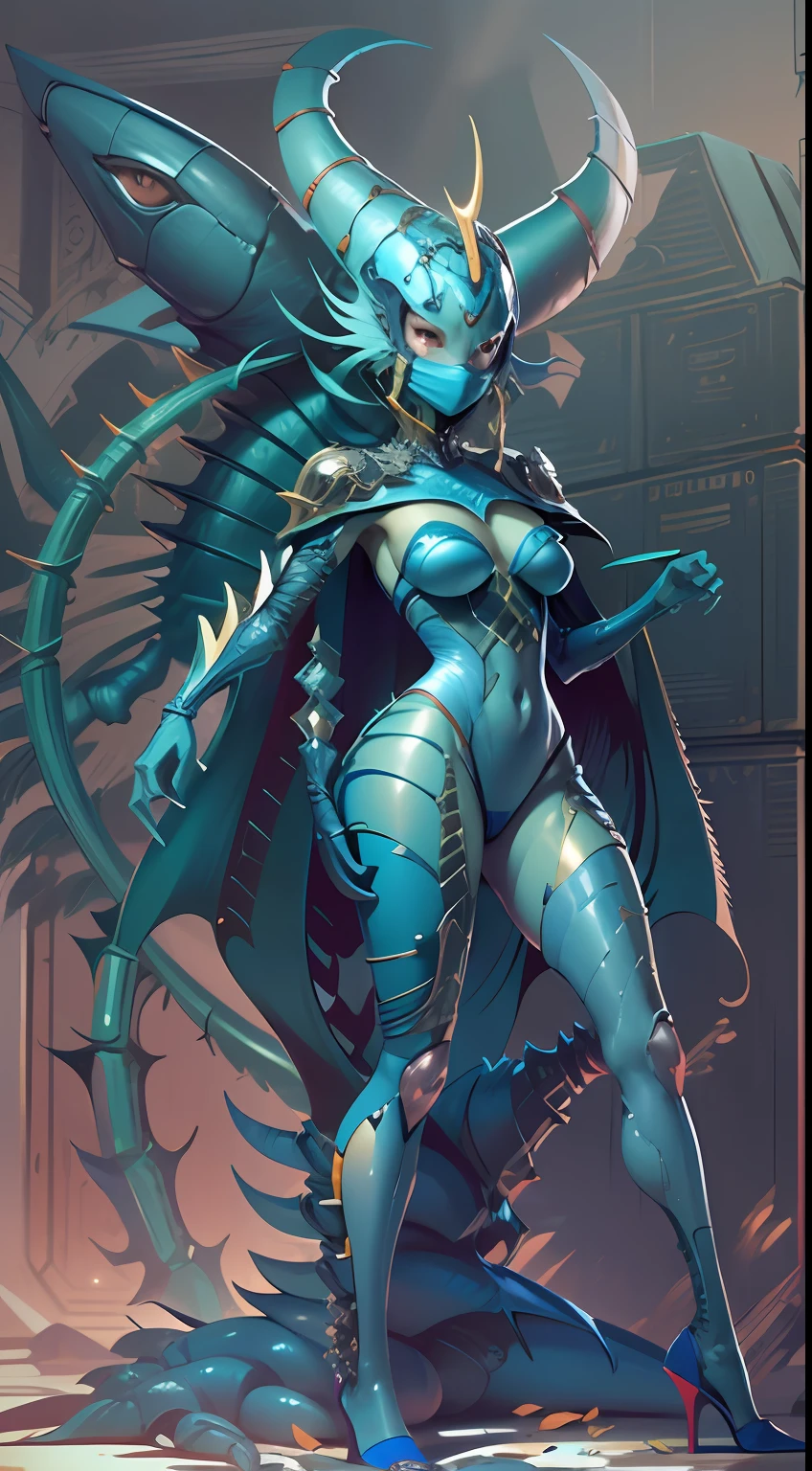 Cartoon photo of a woman in a fitted costume、Hot blue nudibranchs humanoid female、Bewitching、a person々takeout、Guyver Style、SFW version、Scarabeleploid、Mask、Cel Shade Adult Animation、Alien Queen、