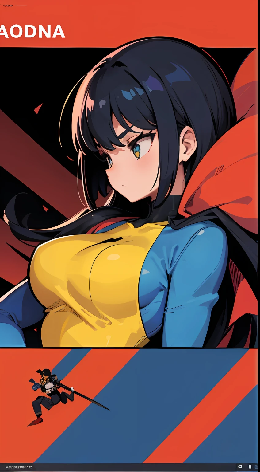 (Rough illustration), [The screen composition is comic-style, the entire screen is printed, Paper Textured Screen, Ink Textures], [(1960s-style cartoon heroine), (Blue and yellow and black tight fit suit), (Katana and)], [dynamicposes, (Slash the entire screen with a sword!!!!!)], Cartoon panel layout, Thick contour lines, Gradients are represented by dot screens, Shadows are represented by a large dot screen, Red×Blue× Yellow×Black, ((Perfect Anatomy))