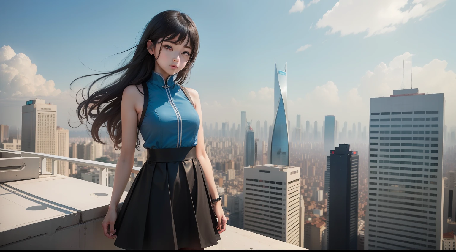 high detal,ultra-clear,best qualtiy,A girl's side,standing on top of the building,City view,Buildings,baiyun,blue-sky
