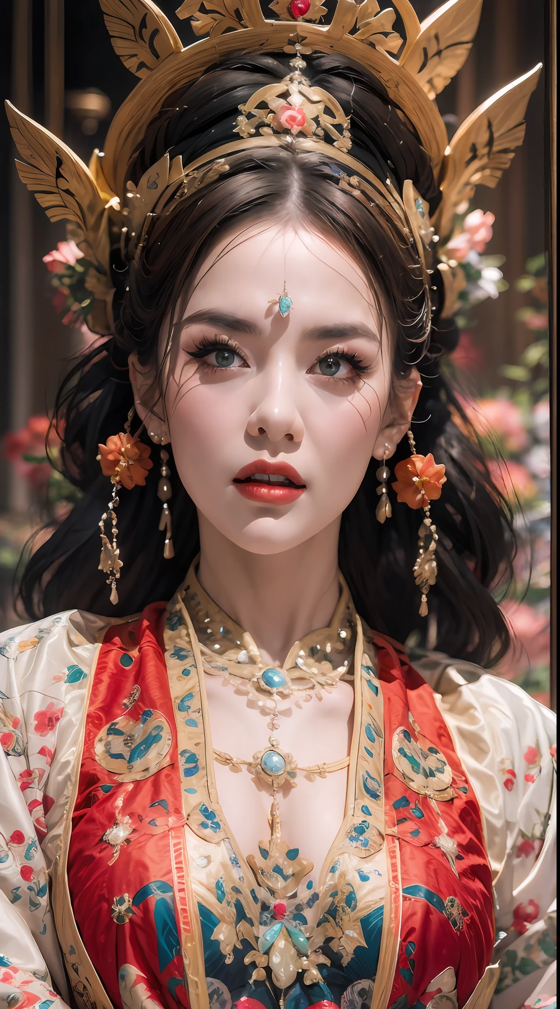 portrait of a beautiful 20 year old holy woman, wearing a thin multicolored silk dress, beautiful face without blemishes, ((natural smile:0.3)), Mouth closed, ((7-color hair length:1.2)), big crown, hair brooch, hanfu dress, chinese ancient style, full body jewelry, forehead tattoo, super even chest, face, red lips, delicate pink and white eyes (white and detailed) cinematic, light and dark, dramatic lighting, magical light, extremely detailed light, true color, super sharp, realistic, 8k quality, fantasy universe background, saints and magical space, the most detailed images, Exhibition photo, awarded, Eye-catching bright tone effect,