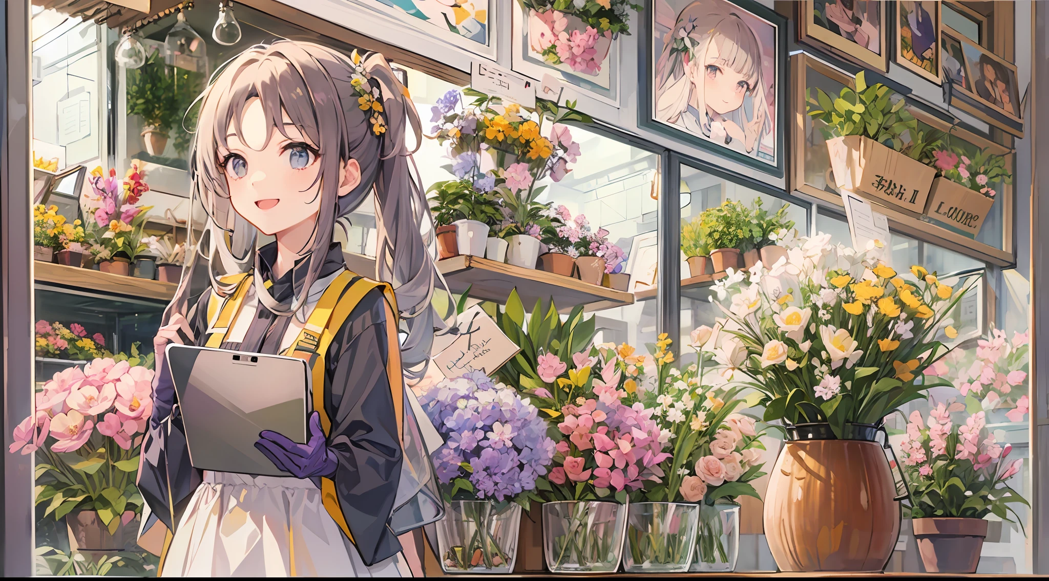 Best Quality、超A high resolution、fullllbody、Girl working in a flower shop、Making a bouquet、 A smile