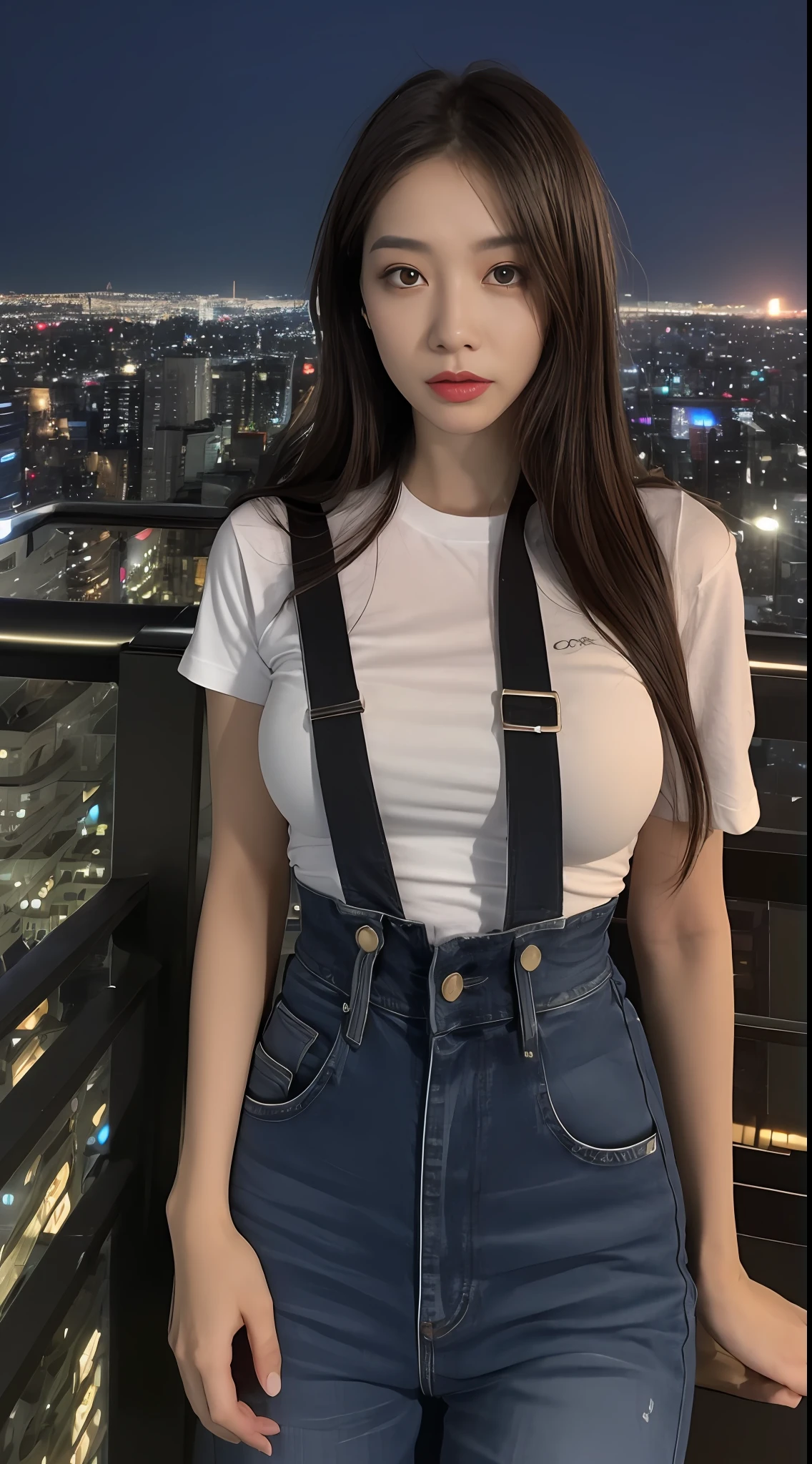 ((Midnight, Best quality, 8k, Masterpiece :1.3)), Whole body, Long legs, Sharp focus :1.2, A pretty woman with perfect figure :1.4, Slender abs :1.1, ((Dark brown hair, Big breasts :1.2)), (White tight tshirt, Jean bib, Standing:1.2), ((Night city view, Rooftop:1.3)), Highly detailed face and skin texture, Detailed eyes, Double eyelid