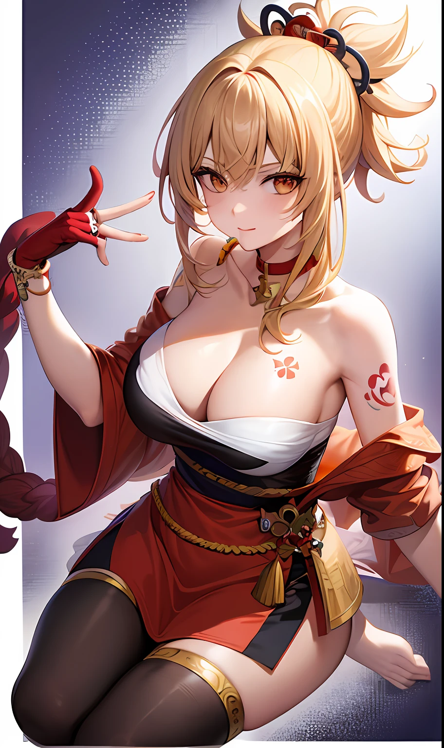 ((tmasterpiece)), (best qualtiy:1.7), (A detailed:1.4), (A high resolution:1.4), 8k, (a color:1.5), 2D, A high resolution, Sharp images, 4K, k hd, yoimiya(genshinimpact), Next round, nail polish, Tattooed with, red necklace, arm support, hair between eye, choker necklace, vision(genshin impact), blond hairbl, 鎖骨, Blushlush, super giant breast, Hand up, upper legs, flower tattoo, Arashi, chest sarashi,orange eyes, Orange nails, 独奏, arm tattoos, Keep one's mouth shut, pony tails, jewely, ssmile, hair adornments, Hadanuji Daosa, 1girll, chest tattoo, full bodyesbian, spheres, suns, (((lake))), ((grassy)), blossoms, shoulder off, standing on your feet,swim wears