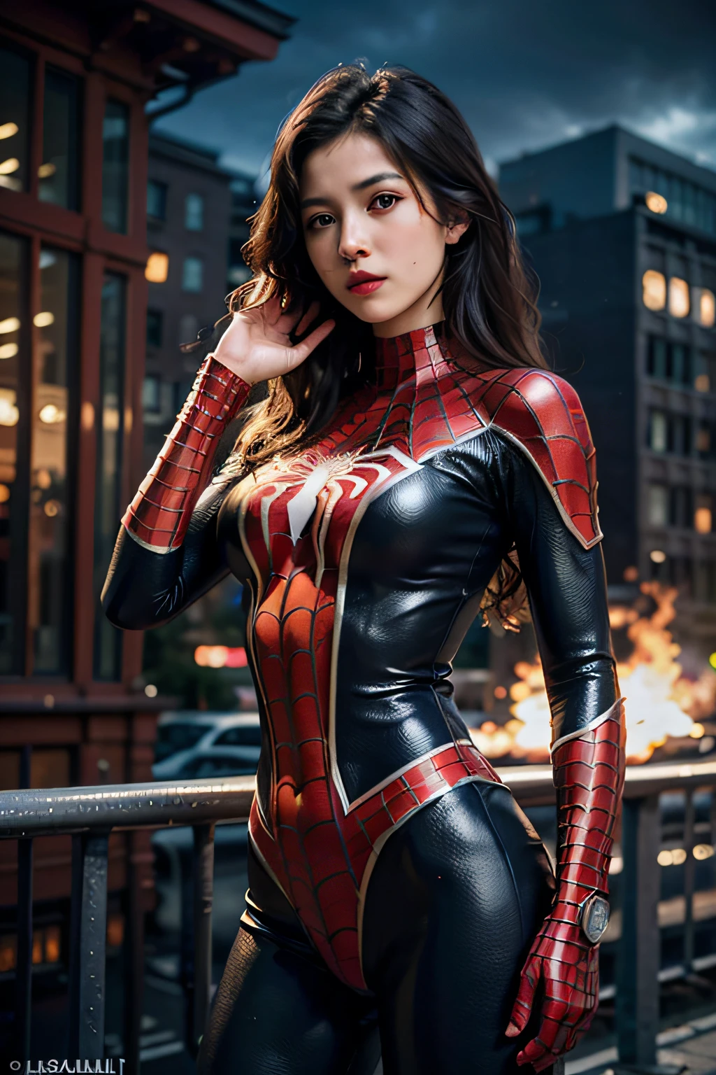 (Wear Female Spider-Man_cosplay_outfit:1.1), Sky front, nice hand,4k, A high resolution, tmasterpiece, best qualtiy, head:1.3,((Hasselblad photograp)), finelydetailedskin, tack sharp focus, (电影灯光),the night，softlighting，dynamic angle，[:(detail in face:1.2):0.2]，middlebreast，takeout，The clothes are white, black and red