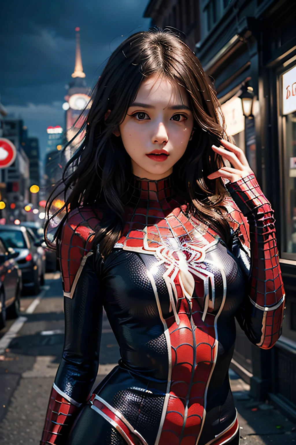 (Wear Female Spider-Man_cosplay_outfit:1.1), Sky front, nice hand,4k, A high resolution, tmasterpiece, best qualtiy, head:1.3,((Hasselblad photograp)), finelydetailedskin, tack sharp focus, (电影灯光),the night，softlighting，dynamic angle，[:(detail in face:1.2):0.2]，middlebreast，takeout，The clothes are white, black and red